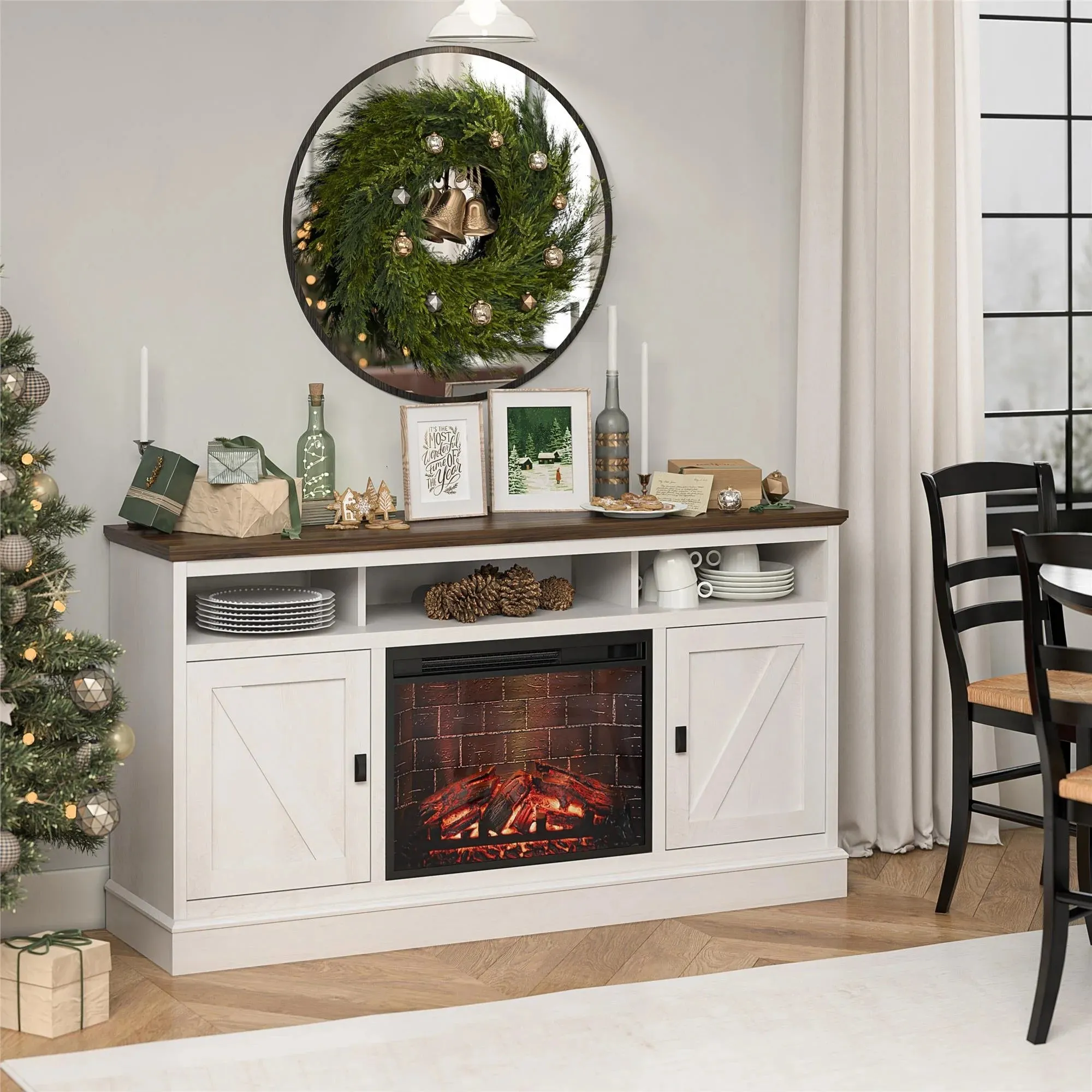Ameriwood Home 1674096WCOM Ashton Lane Electric Fireplace TV Stand for TVs up to 65", Magnolia Oak/Columbia Walnut