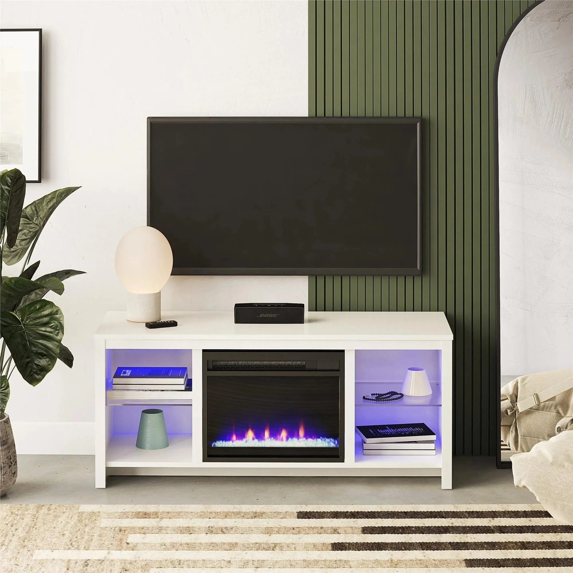 Ameriwood Home 2164196WCOM LED Fireplace 55" TV Stand with Crystal Insert, High Gloss White