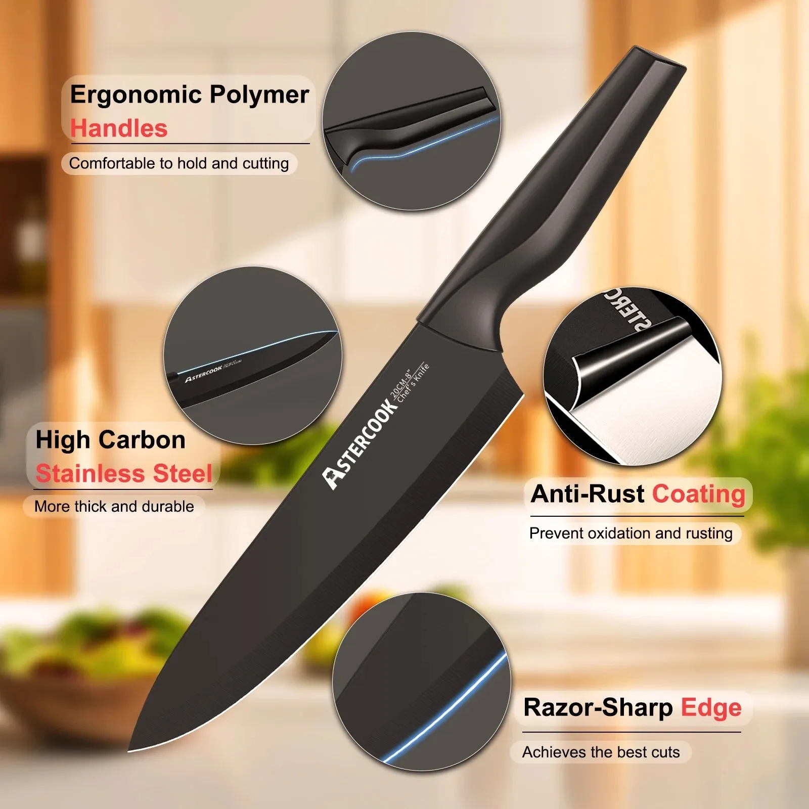 Astercook ASKN-05 20 Piece Kitchen Knife Set With Block, German Stainless Steel