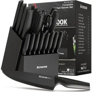 Astercook ASKN-05 20 Piece Kitchen Knife Set With Block, German Stainless Steel
