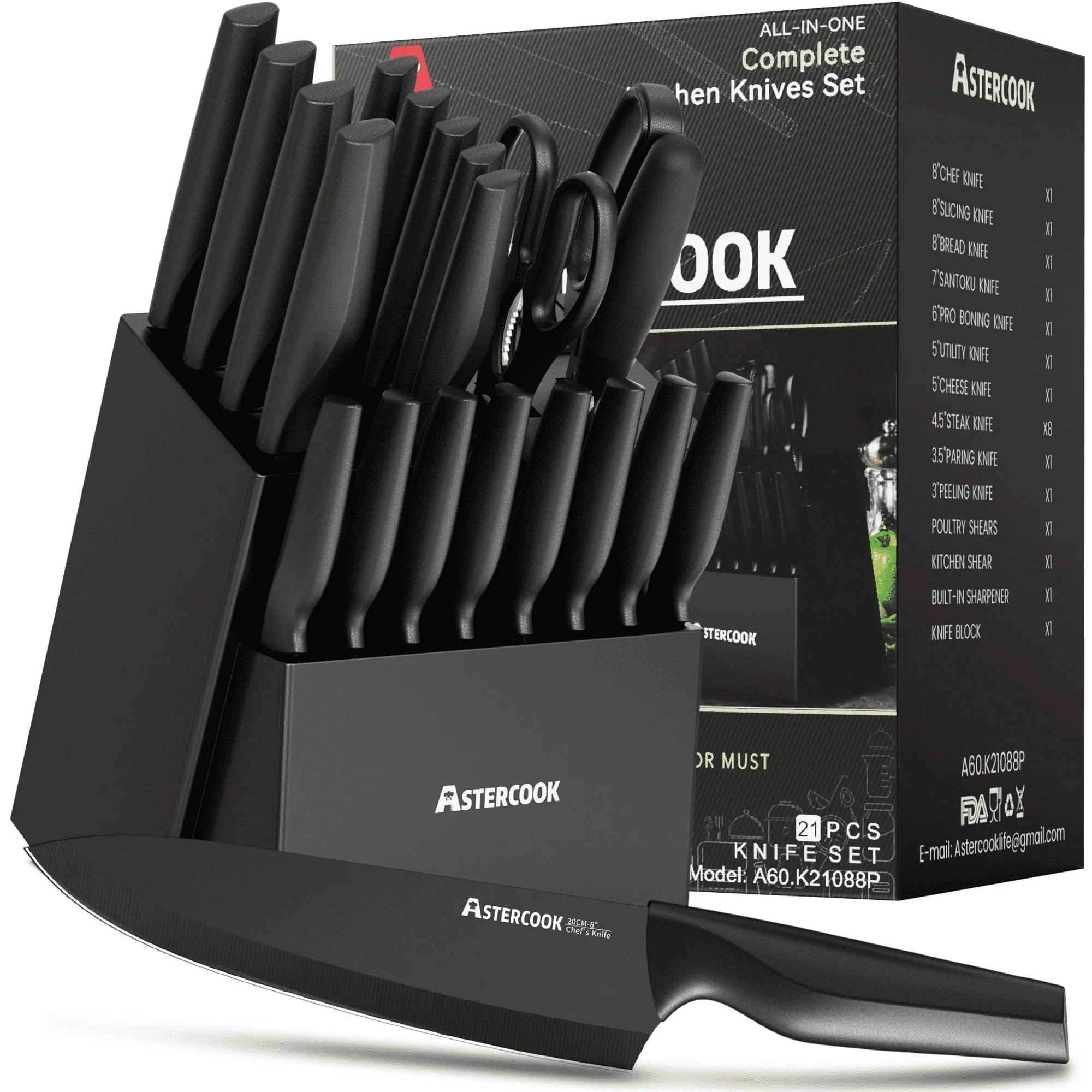 Astercook ASKN-05 20 Piece Kitchen Knife Set With Block, German Stainless Steel