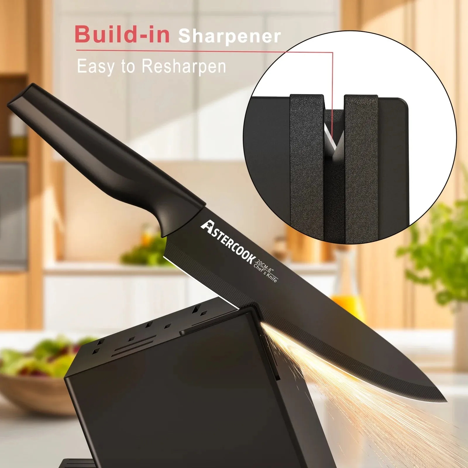 Astercook ASKN-05 20 Piece Kitchen Knife Set With Block, German Stainless Steel