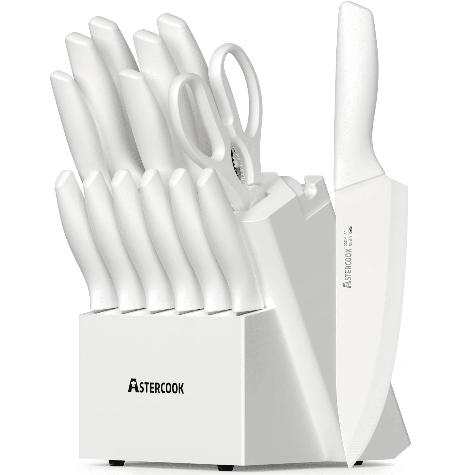 Astercook ASKN-11 Knife Set 14 Pieces Kitchen Knives Set with Built-in Sharpener, Stainless Steel, Rust Resistant, Dishwasher Safe, Bright White