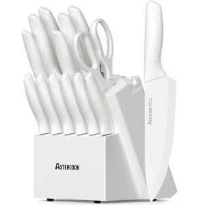 Astercook ASKN-11 Knife Set 14 Pieces Kitchen Knives Set with Built-in Sharpener, Stainless Steel, Rust Resistant, Dishwasher Safe, Bright White