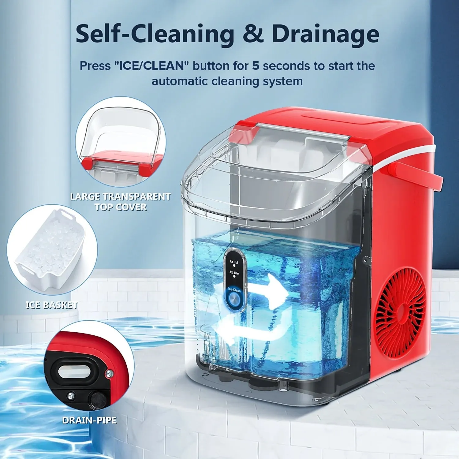 Auseo HZB-15N Nugget Ice Maker Countertop, 35lbs/24H, Self-Cleaning, Ice Basket & Ice Shovel & Handle, Red
