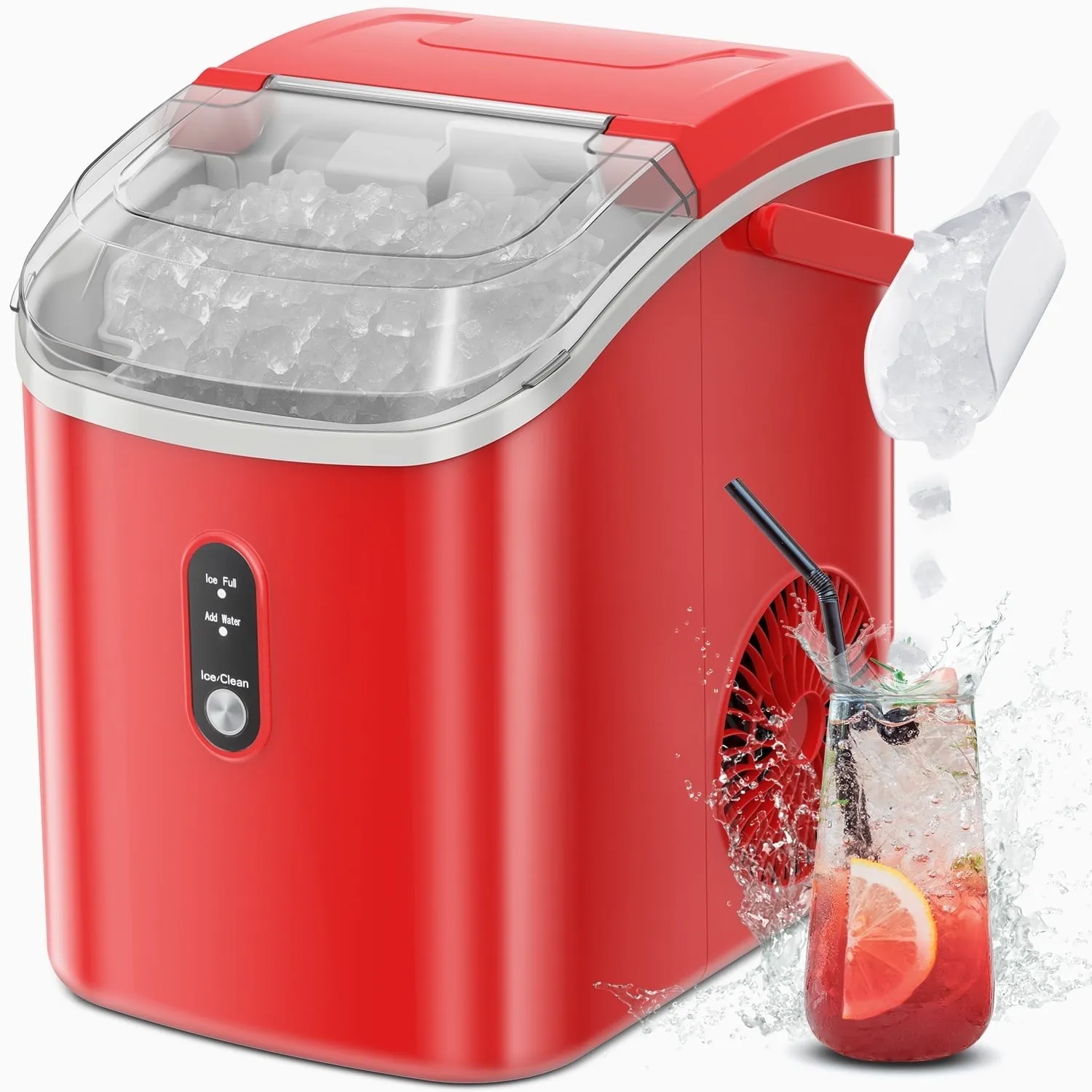 Auseo HZB-15N Nugget Ice Maker Countertop, 35lbs/24H, Self-Cleaning, Ice Basket & Ice Shovel & Handle, Red