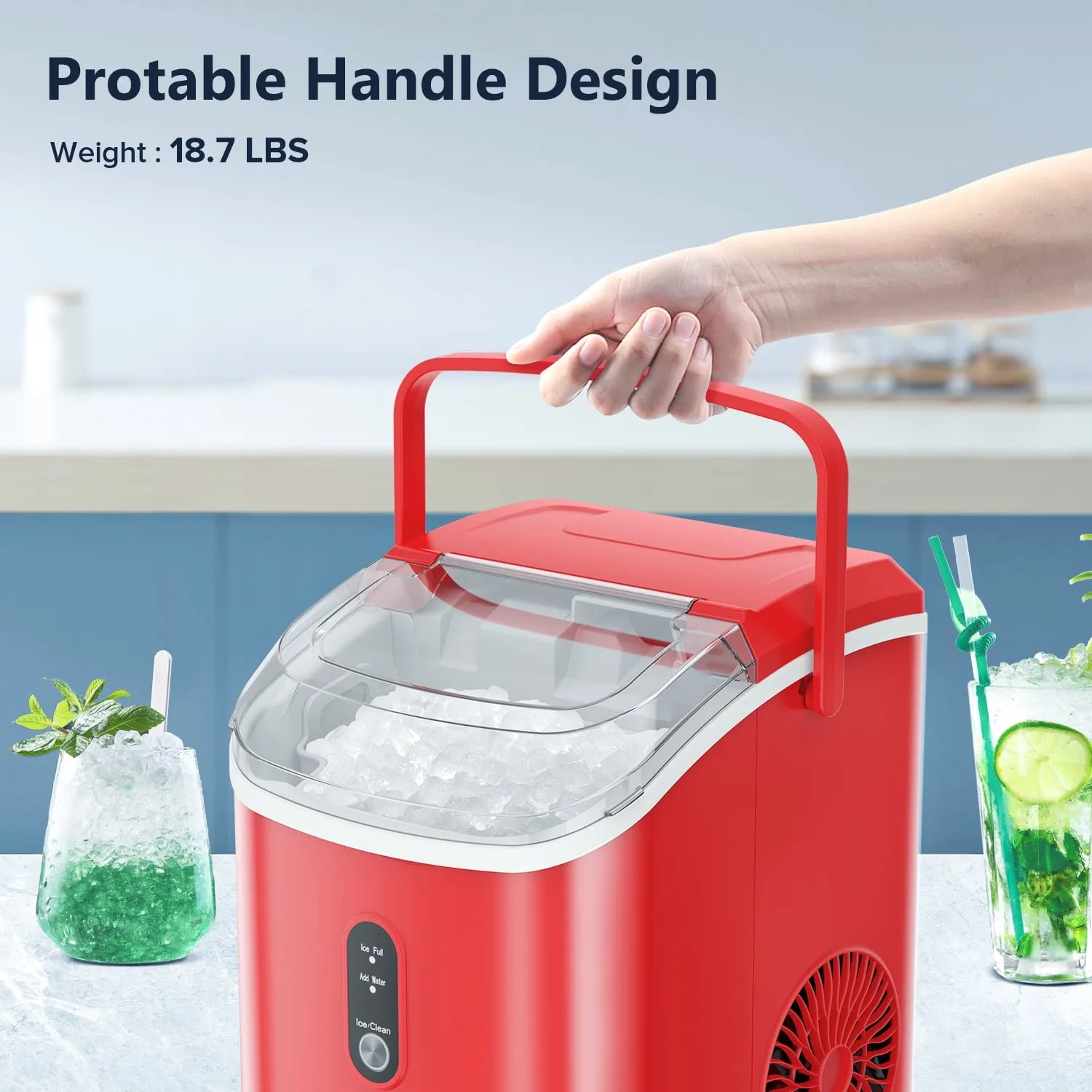 Auseo HZB-15N Nugget Ice Maker Countertop, 35lbs/24H, Self-Cleaning, Ice Basket & Ice Shovel & Handle, Red