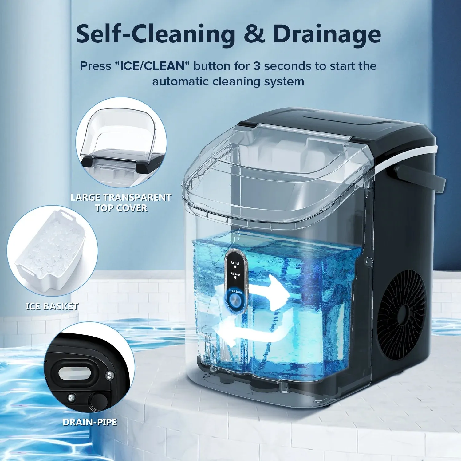 Auseo HZB-15NB Countertop Nugget Ice Maker, 35lbs/24H & Self-Cleaning Function - Black