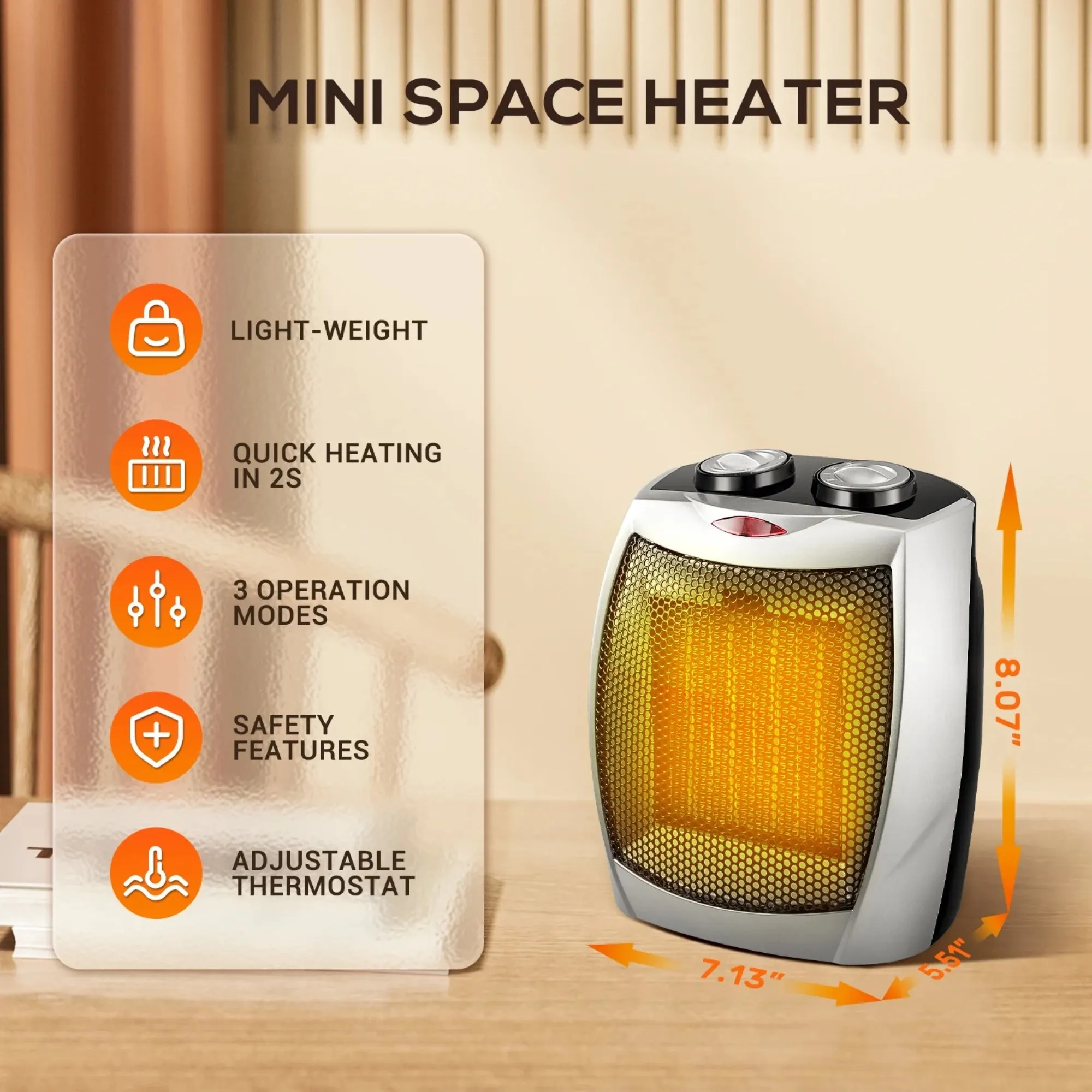 Auseo PTC909C-L(SILVER) Space Heater, 1500W/750W ETL Certified Ceramic Small Heater with Thermostat, Electric Portable Heater Fan for Home Dorm Office Desktop and kitchen, SILVER