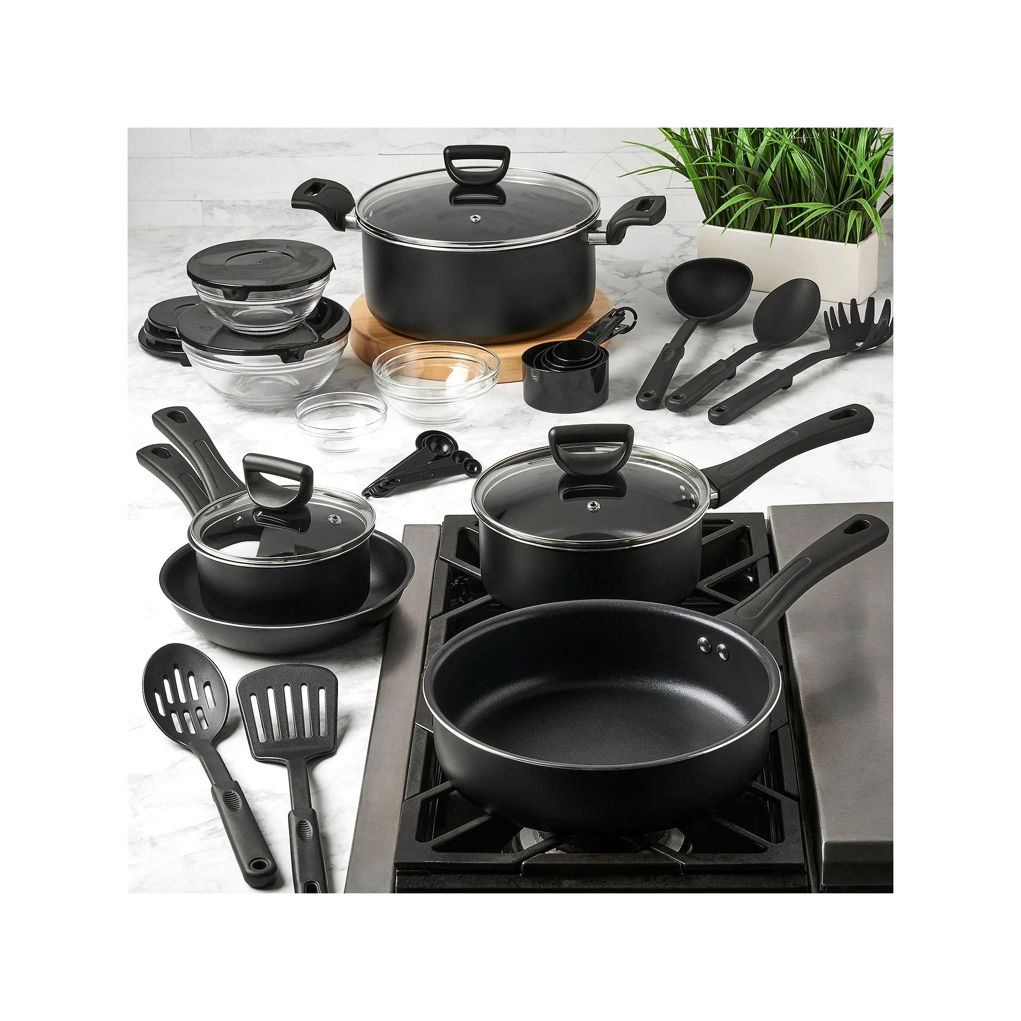 Basic Essentials 32-Pc. Non-Stick Cookware Set TTU-V5366-ECM - BLACK ONE SIZE