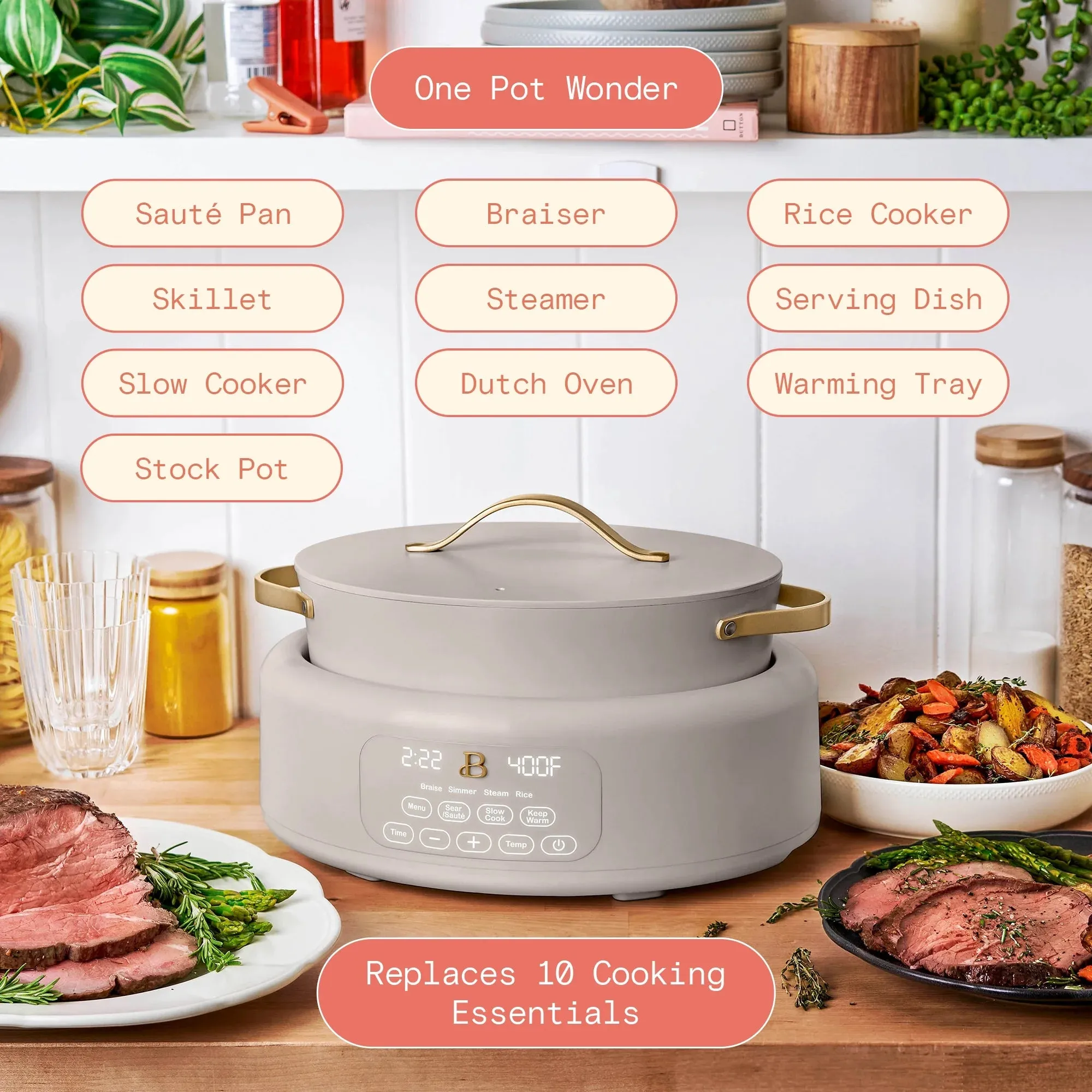 Beautiful 19539 10 in 1 Electric Multi-Cooker, Porcini Taupe by Drew Barrymore