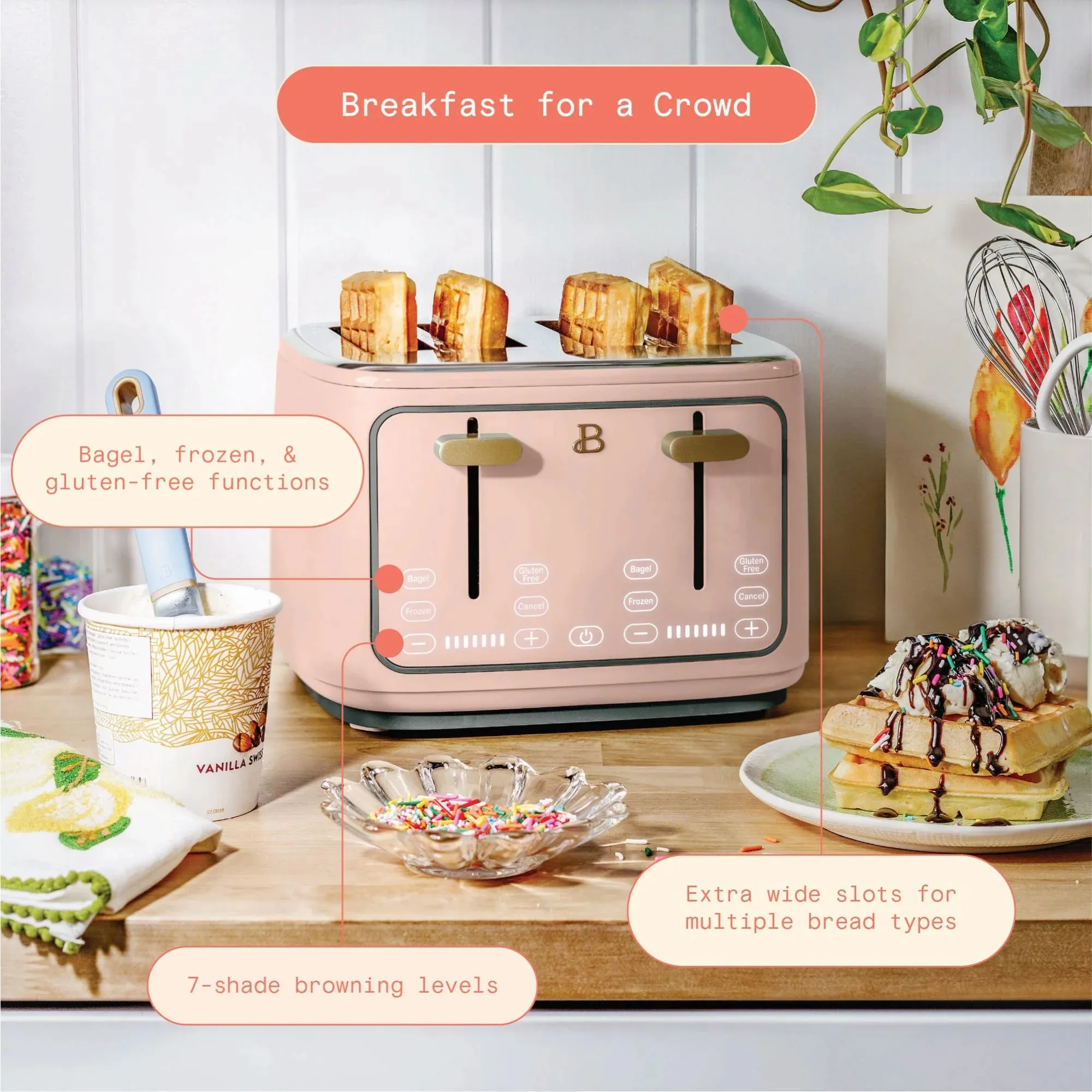 Beautiful 19584 4-Slice Toaster with Touch-Activated Display, Rose by Drew Barrymore