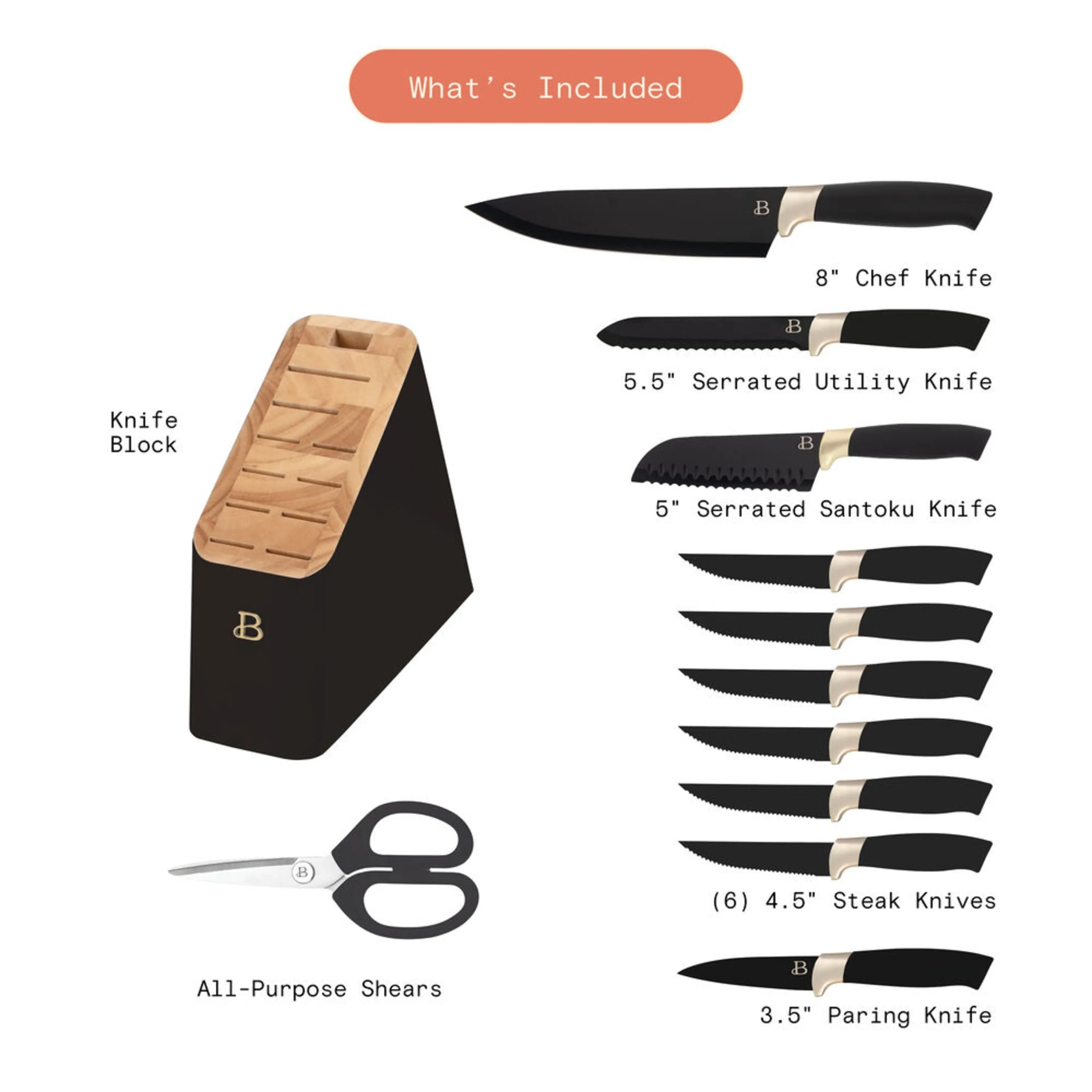 Beautiful 5308035 12 Piece Stainless Steel Knife Set Block Soft Grip Ergonomic Handles Black by Drew Barrymore