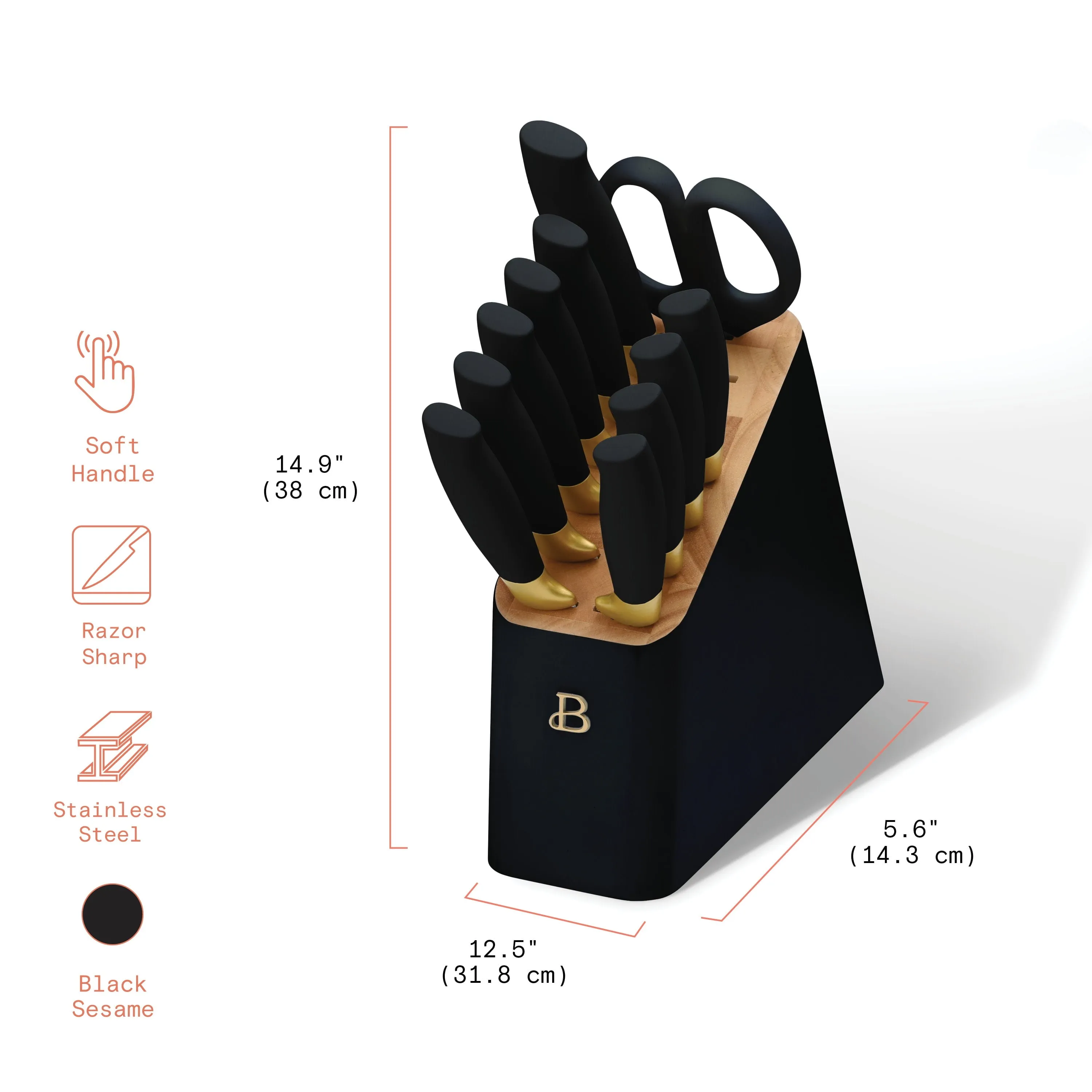 Beautiful 5308035 12 Piece Stainless Steel Knife Set Block Soft Grip Ergonomic Handles Black by Drew Barrymore