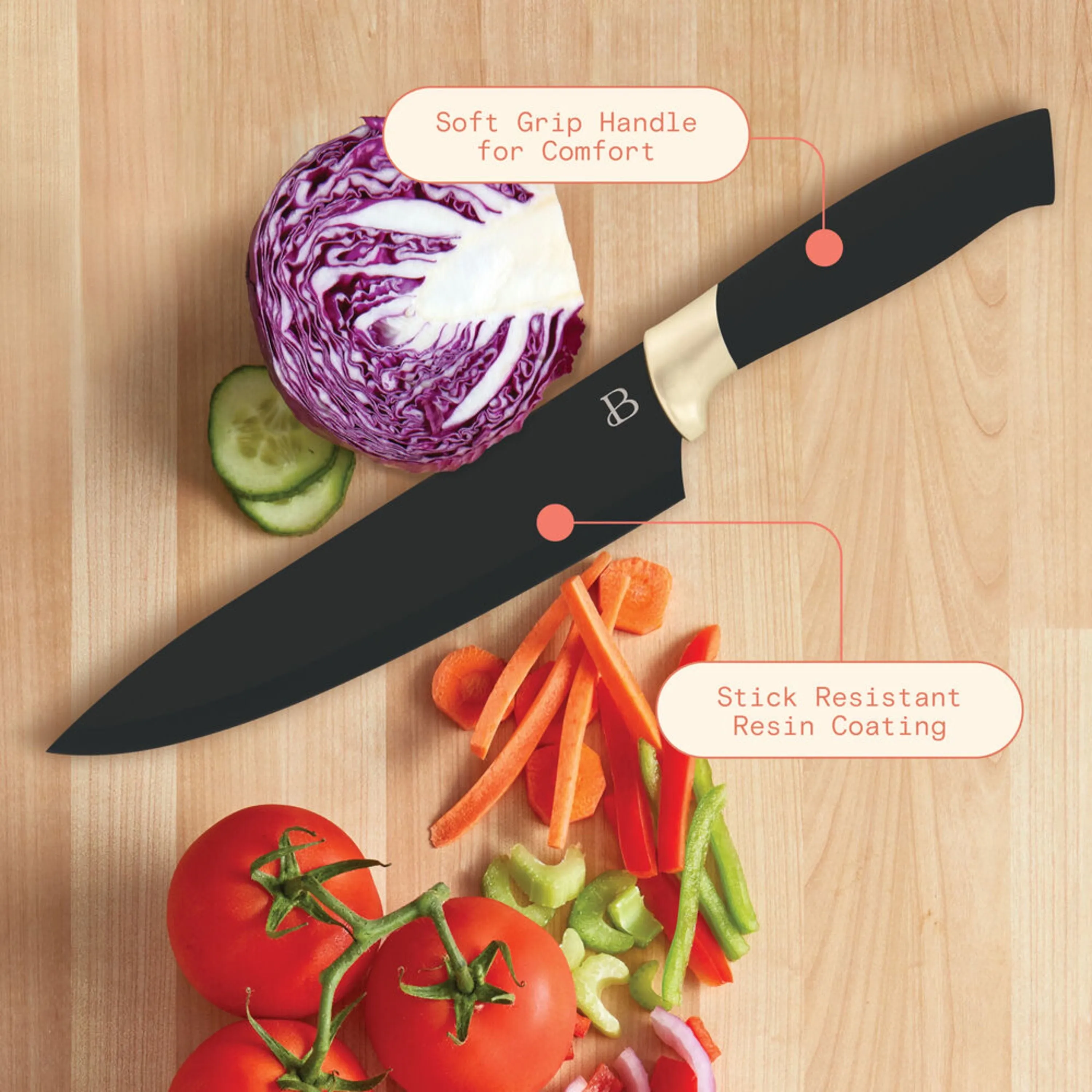 Beautiful 5308035 12 Piece Stainless Steel Knife Set Block Soft Grip Ergonomic Handles Black by Drew Barrymore