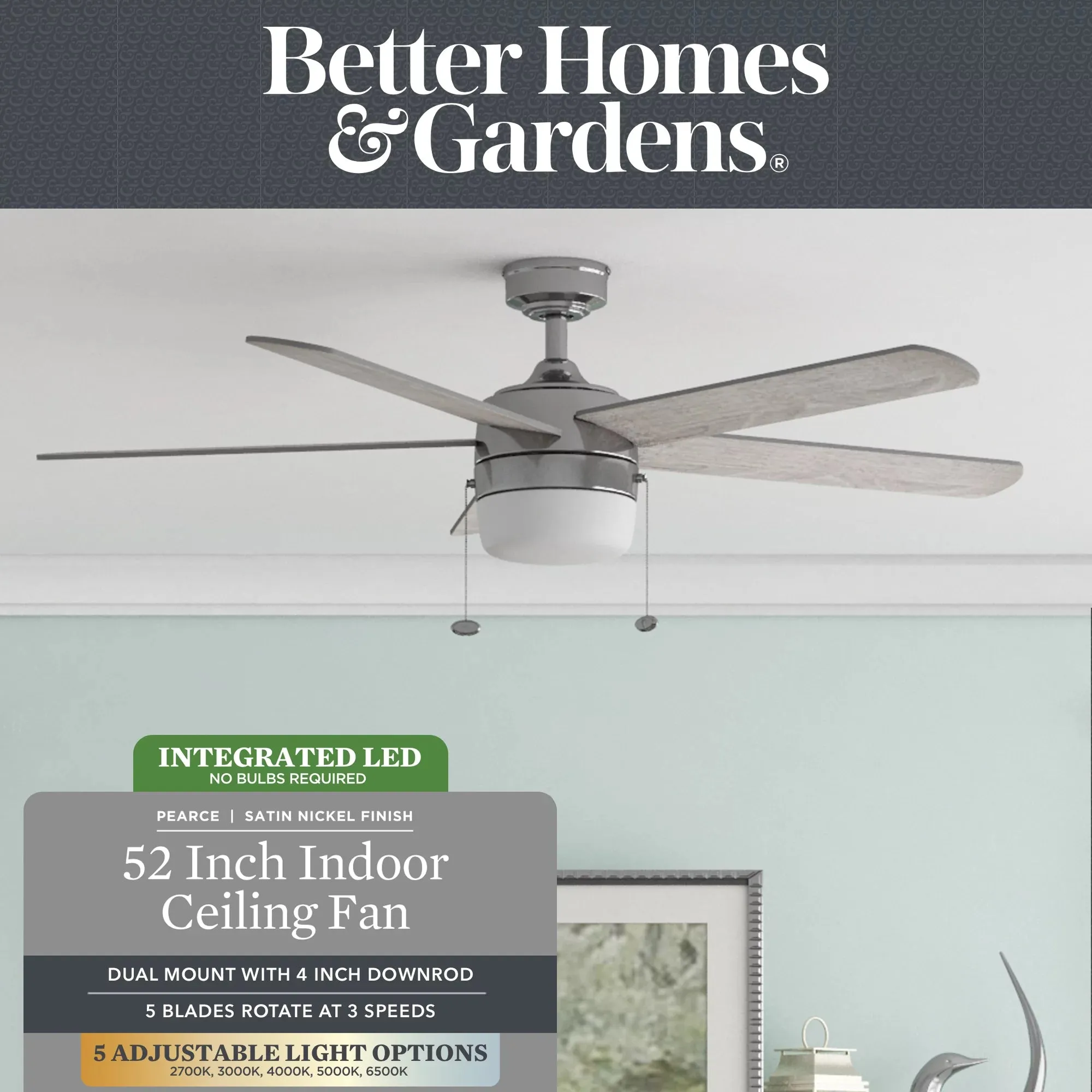 Better Homes & Gardens 10440 Pearce 52" Nickel Modern Ceiling Fan with Light, 5 Blades, Pull Chains & Reverse Airflow
