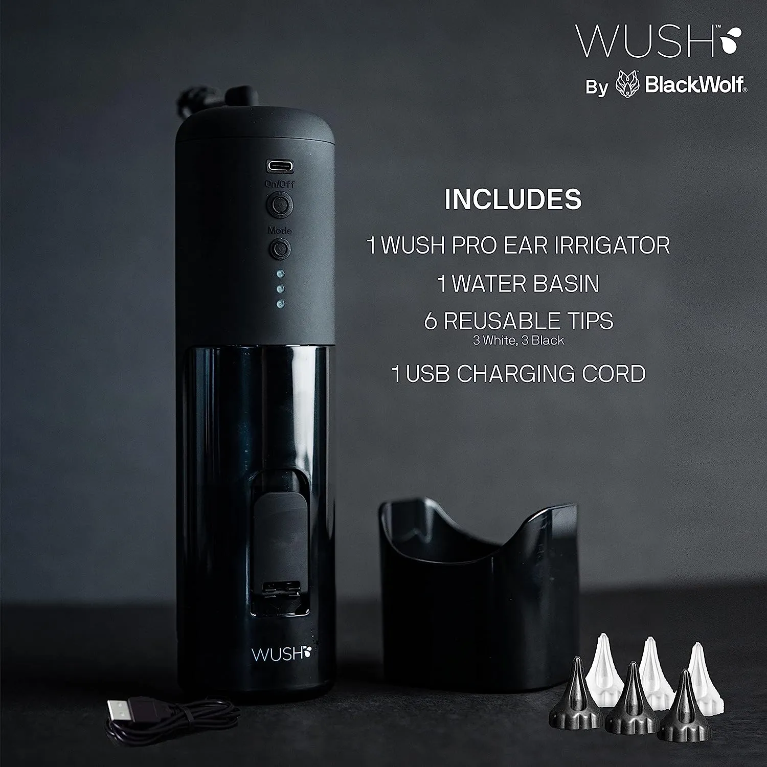 Black Wolf Wush Pro Water Powered Ear Cleaner Electric Triple Jet Stream with 3 Pressure Settings For Ear Wax Buildup Ear Wax Removal Kit Water Resistant USB Rechargeable