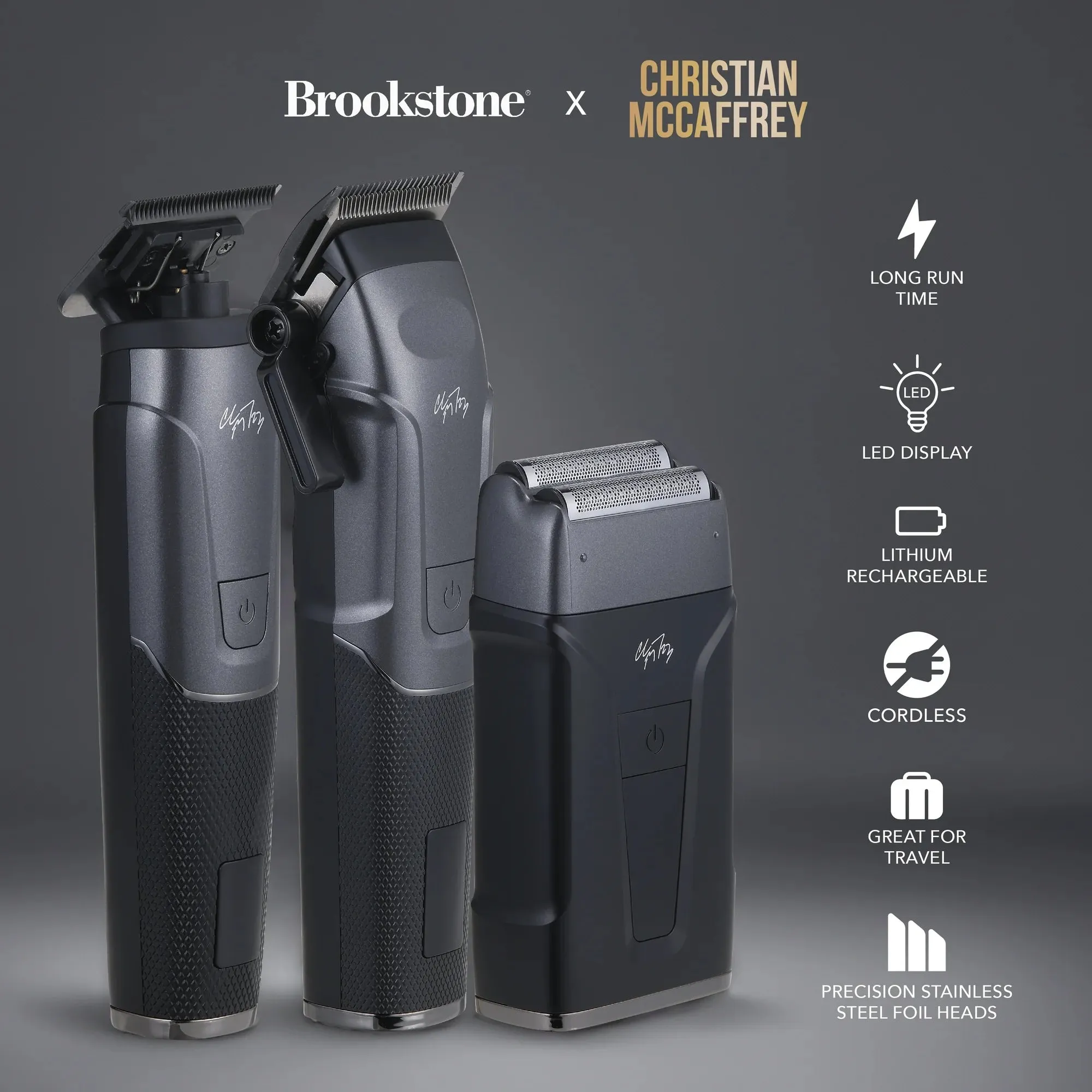 Brookstone BKCMC8850-NOC-T30-6 Christian McCaffrey Special Edition, 3-in-1 Cordless Rechargeable Pro Shaving Kit Includes Men's Electric Shaver, Trimmer, and Clipper