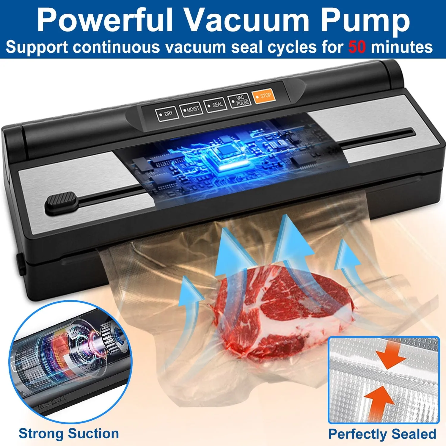 Camkey WB-ZQ94 Food Vacuum Sealer Machine, Auto&Manual Food Sealer with 2 Rolls Food Vacuum Sealer Bags, Black