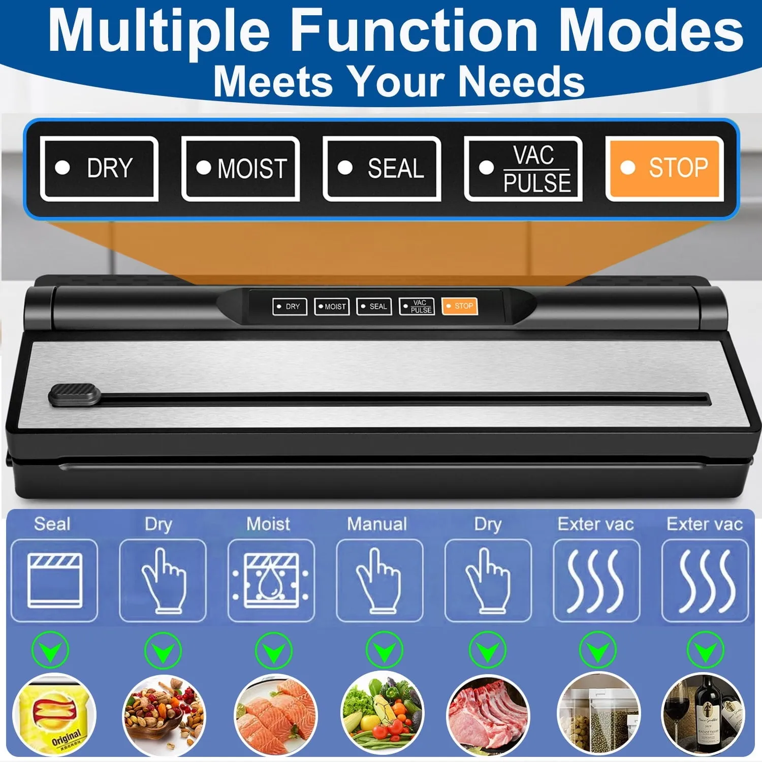 Camkey WB-ZQ94 Food Vacuum Sealer Machine, Auto&Manual Food Sealer with 2 Rolls Food Vacuum Sealer Bags, Black