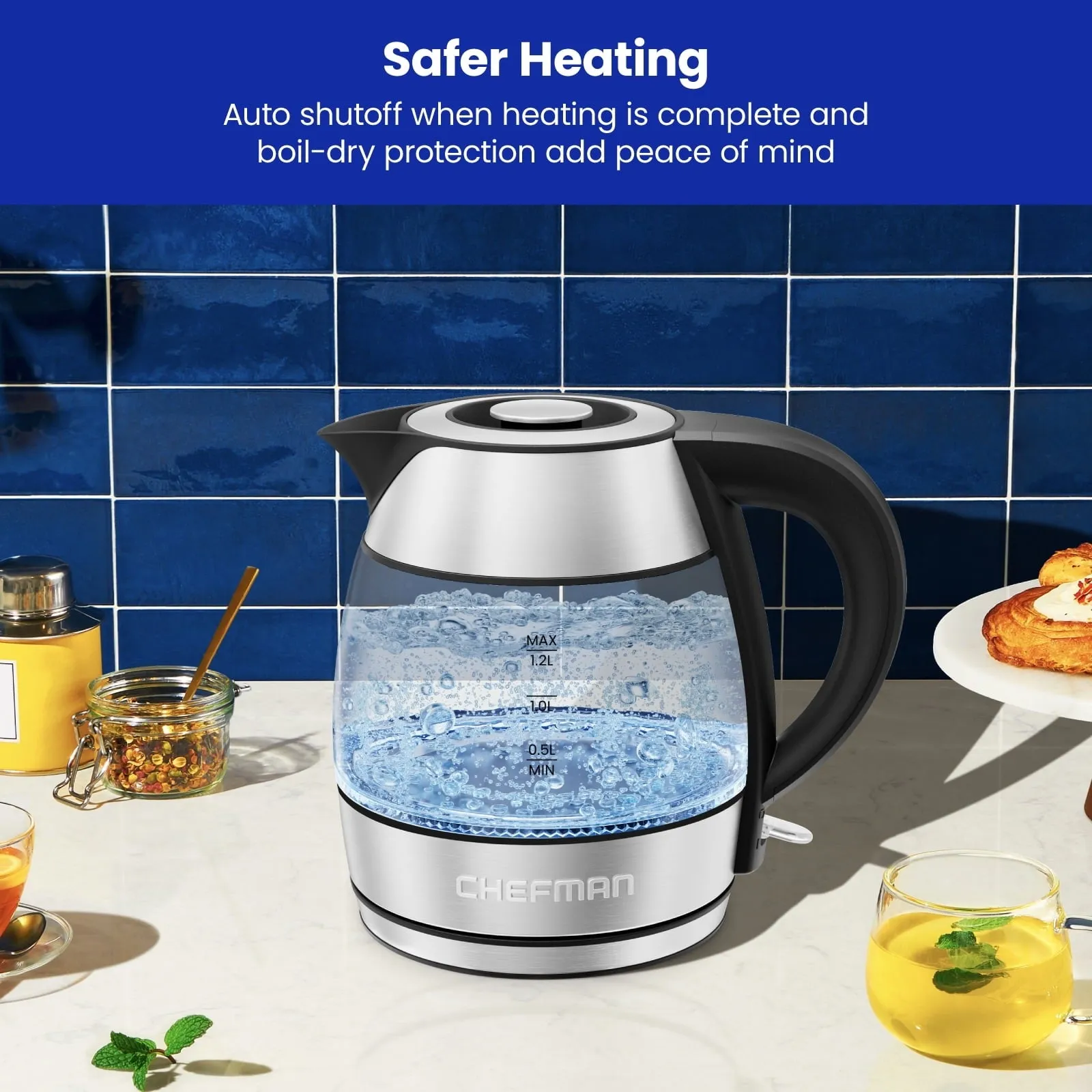 Chefman Stainless Steel Rapid Boil Glass Kettle, 1.2 Liter