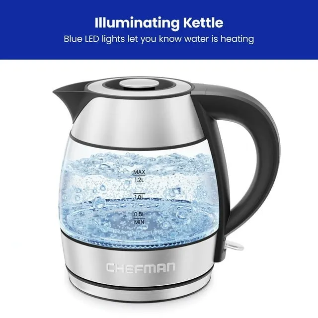 Chefman Stainless Steel Rapid Boil Glass Kettle, 1.2 Liter