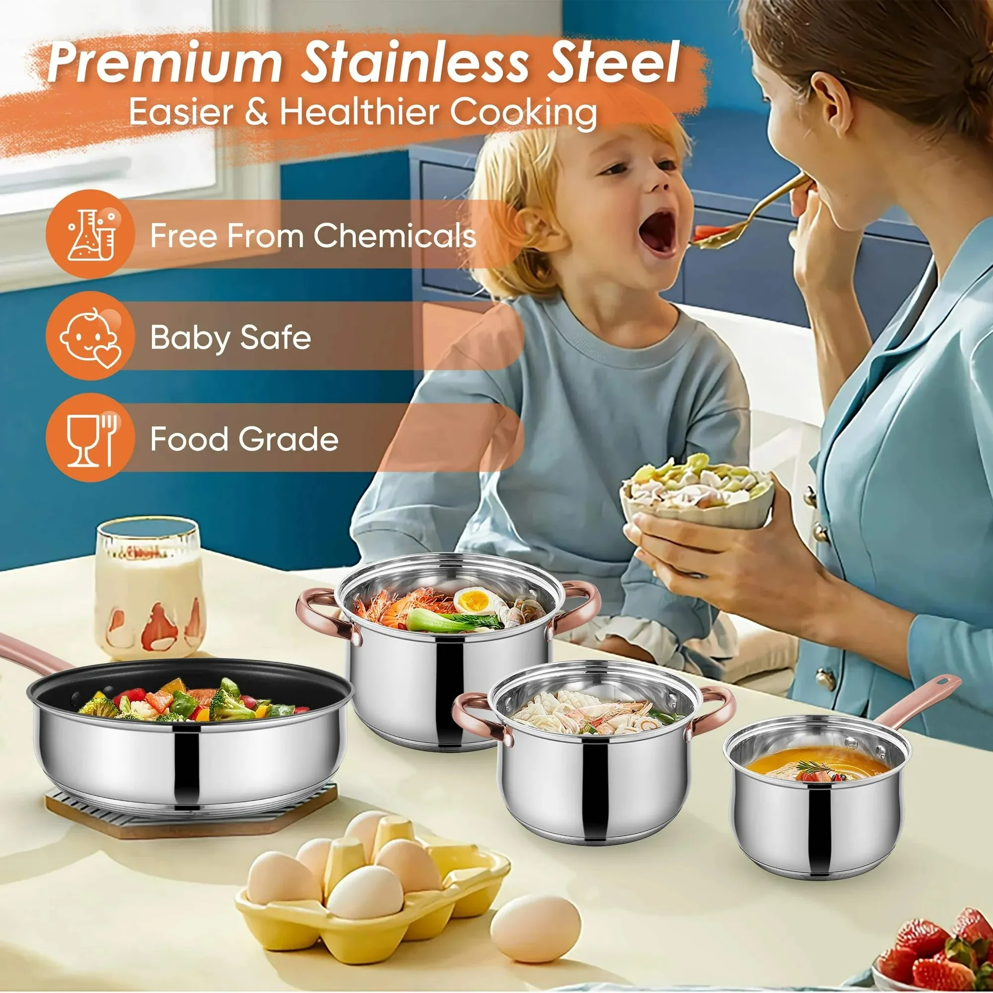 Coliware 5Pcs Stainless Steel Cookware Sets with Stock Pots Saucepans Frying Pans - Riveted Handles