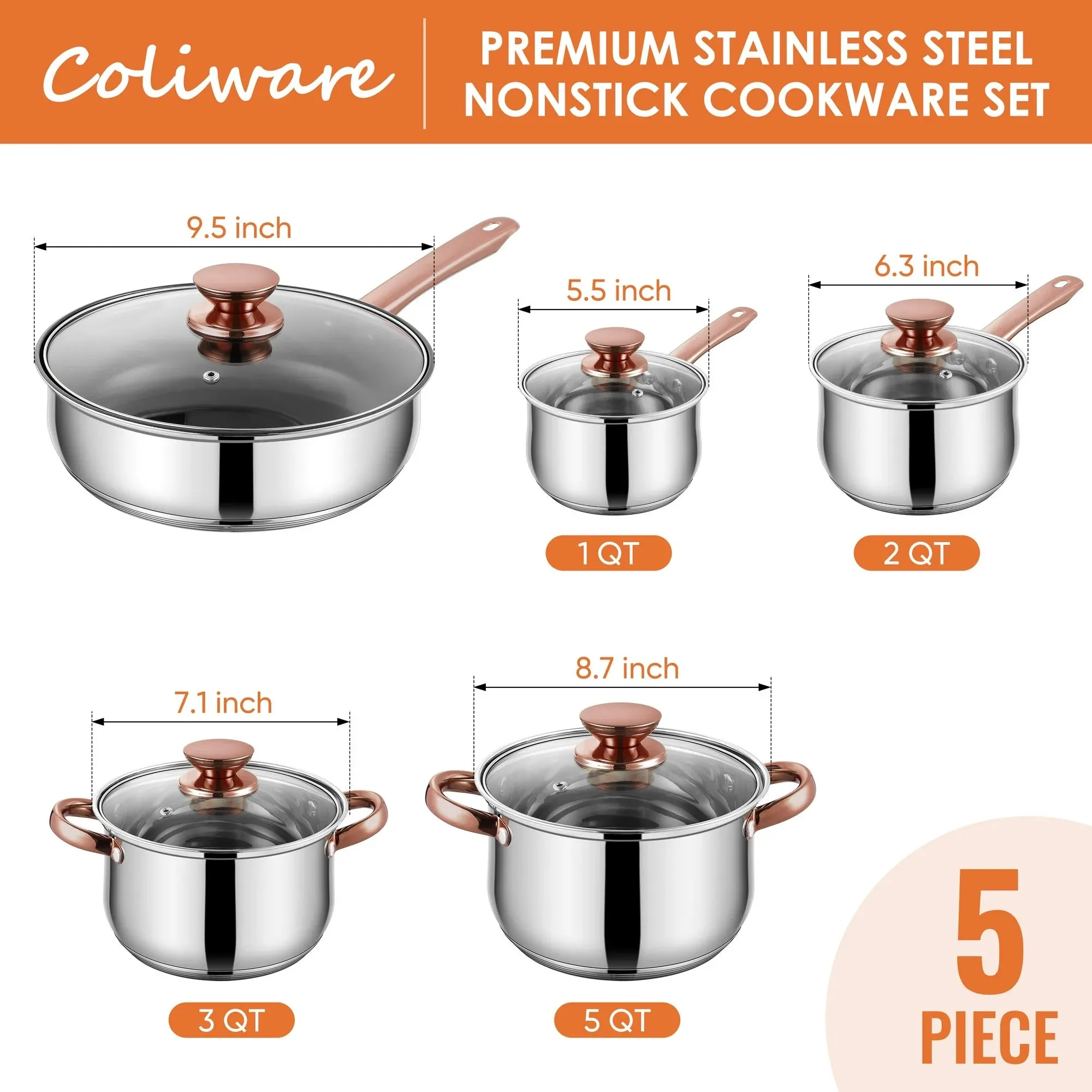 Coliware 5Pcs Stainless Steel Cookware Sets with Stock Pots Saucepans Frying Pans - Riveted Handles