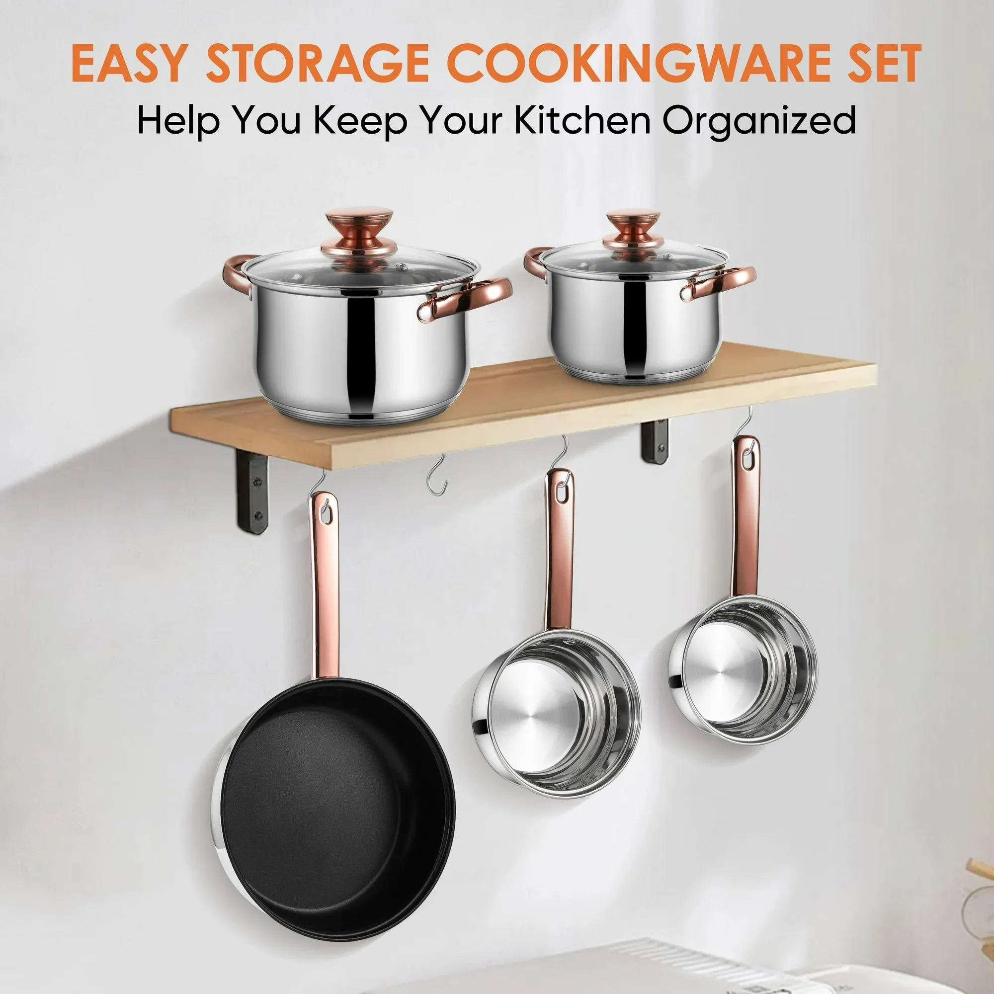 Coliware 5Pcs Stainless Steel Cookware Sets with Stock Pots Saucepans Frying Pans - Riveted Handles