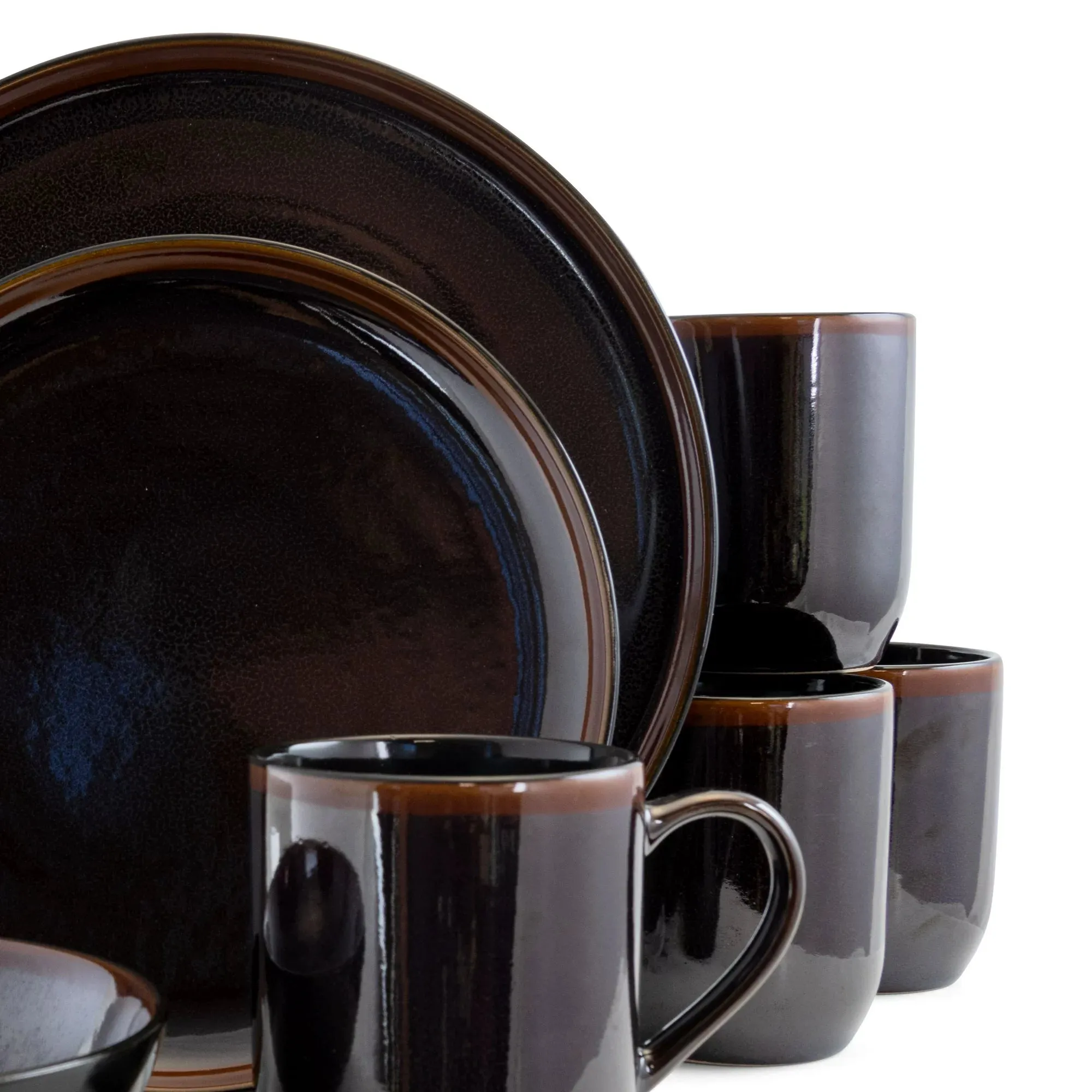 Elama 925112664M Midnight Beach 16 Pieces Round Stoneware Dinnerware Set in Metallic Black