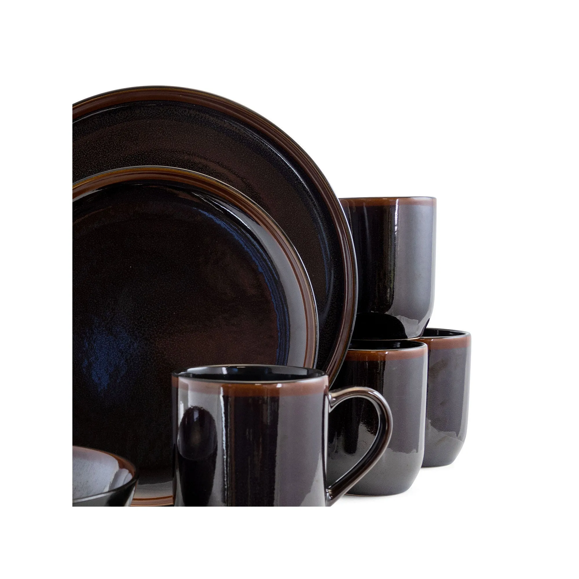 Elama 925112664M Midnight Beach 16 Pieces Round Stoneware Dinnerware Set in Metallic Black