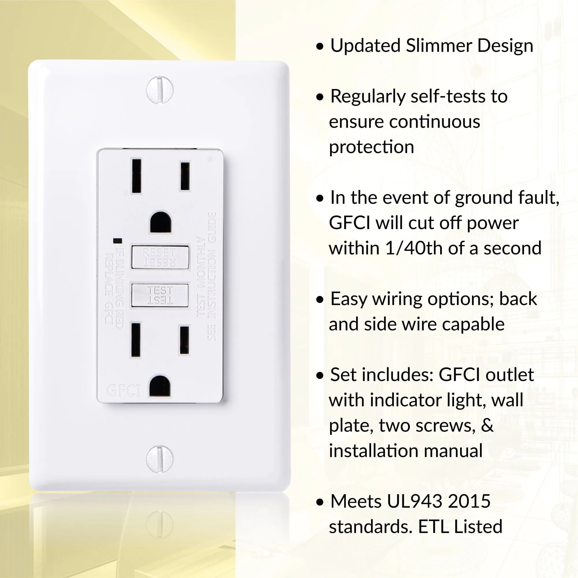 Faith GLS-15A-WH 15A GFCI Receptacle with Wall Plate Outlet, Slim White