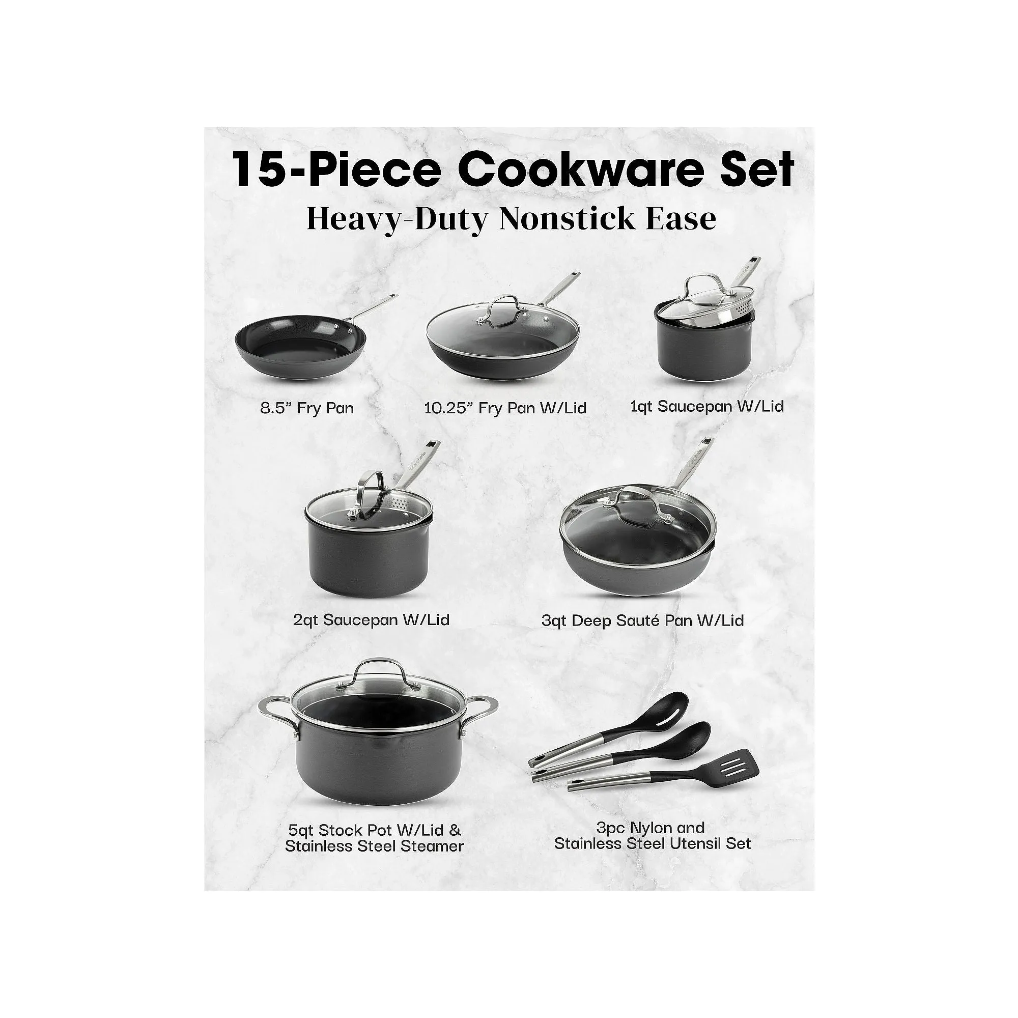 Gotham Steel Pro Ultra Ceramic 2X 15-Pc. Non-Stick Cookware Set - BLACK ONE SIZE