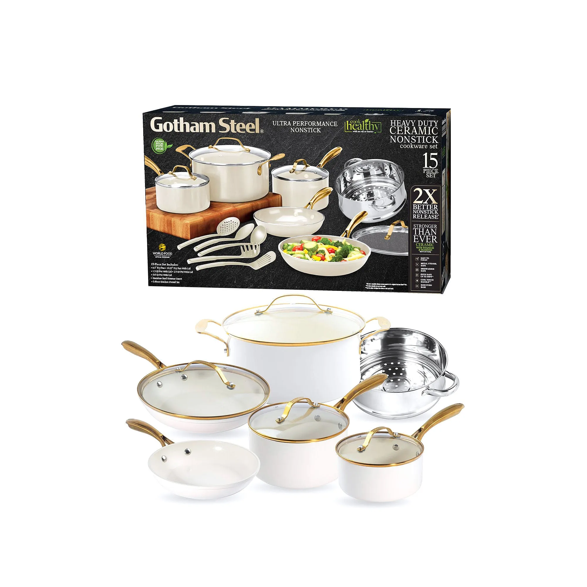Gotham Steel Ultra Utensils 15-Pc. Aluminum Dishwasher Safe Non-Stick Cookware Set - CREAM ONE SIZE