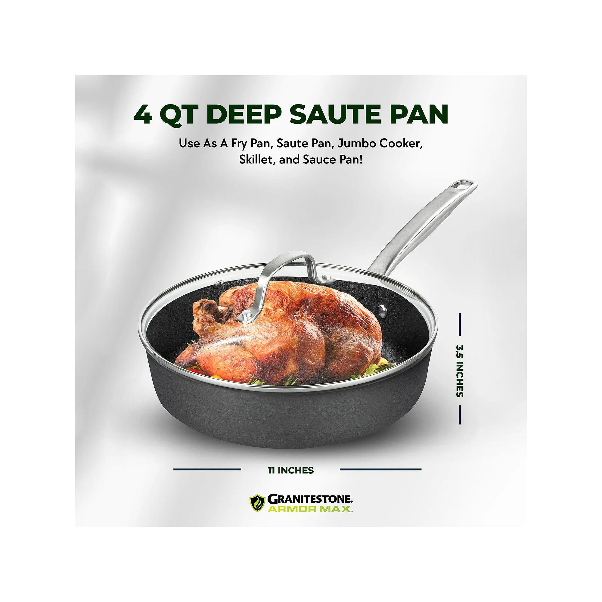 Granitestone Armor Max Hard Anodized Ultra Durable 4-Qt. Saute Pan - BLACK ONE SIZE