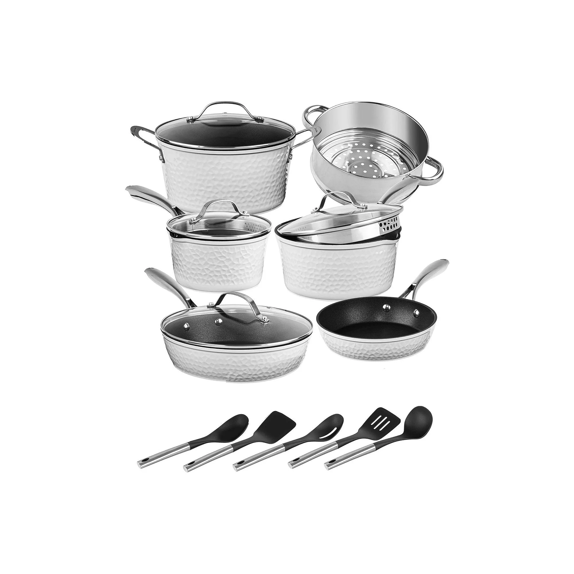 Granitestone Charleston Collection Hammered 15-Pc. Non-Stick Cookware Set - WHITE ONE SIZE