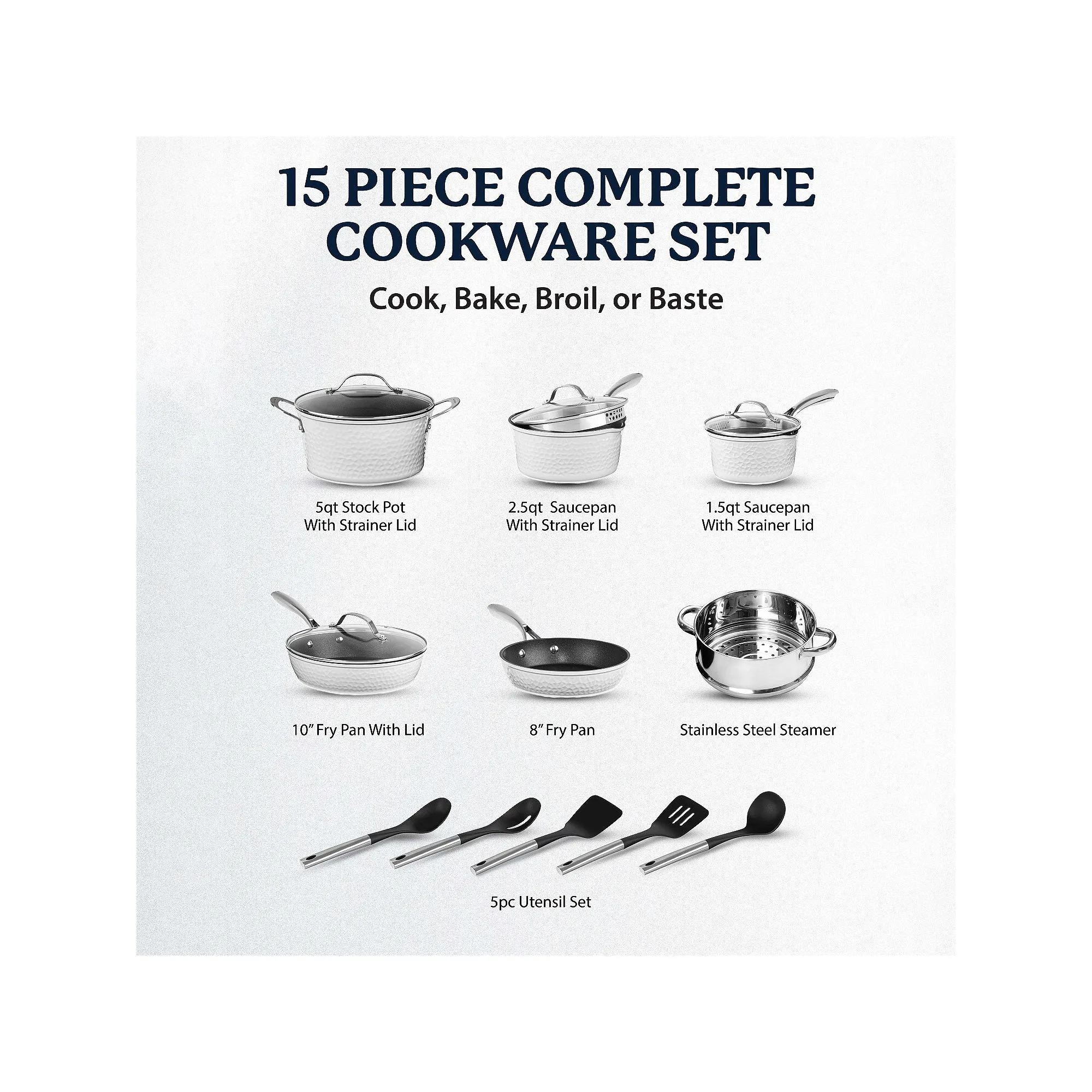 Granitestone Charleston Collection Hammered 15-Pc. Non-Stick Cookware Set - WHITE ONE SIZE