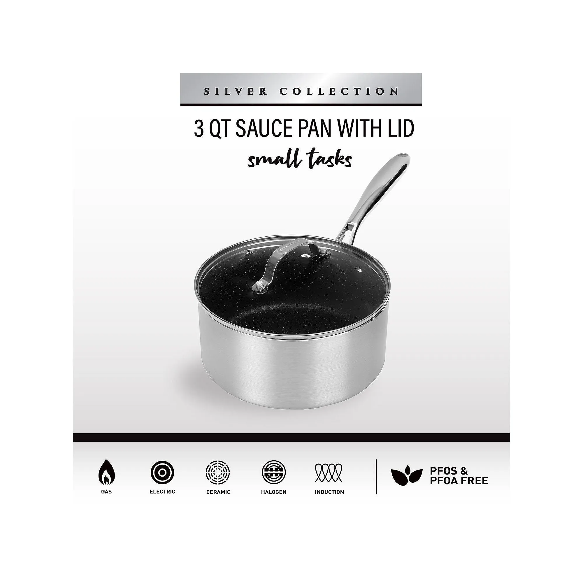 Granitestone Silver 3-Qt. Nonstick Pan With Tempered Glass Lid Aluminum Dishwasher Safe Non-Stick Sauce Pan - SILVER ONE SIZE