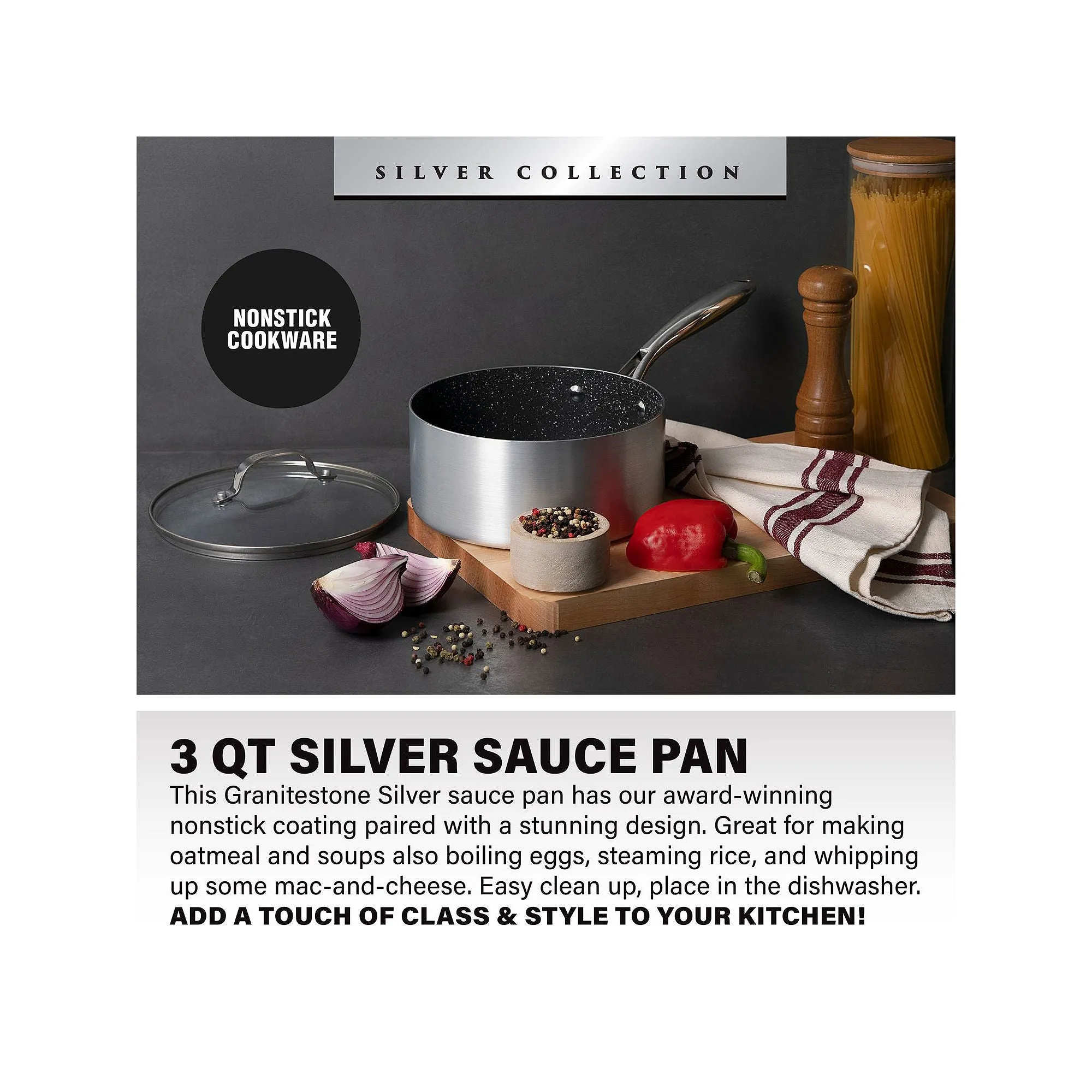 Granitestone Silver 3-Qt. Nonstick Pan With Tempered Glass Lid Aluminum Dishwasher Safe Non-Stick Sauce Pan - SILVER ONE SIZE