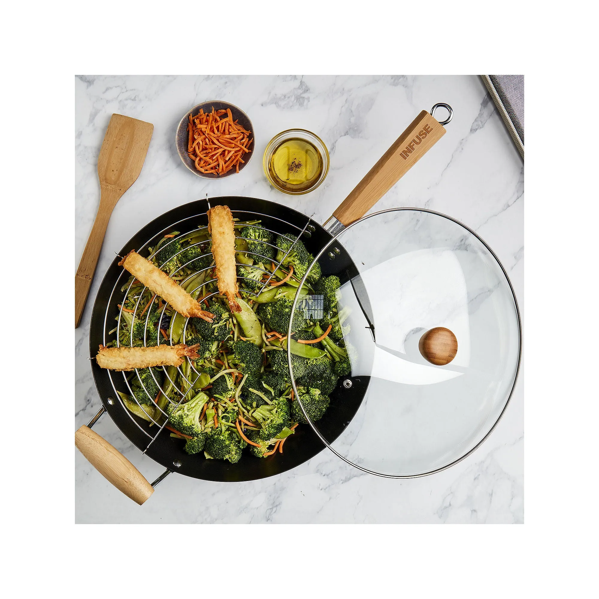 Infuse Carbon Steel 4-Pc. Non-Stick Wok Set - BLACK ONE SIZE