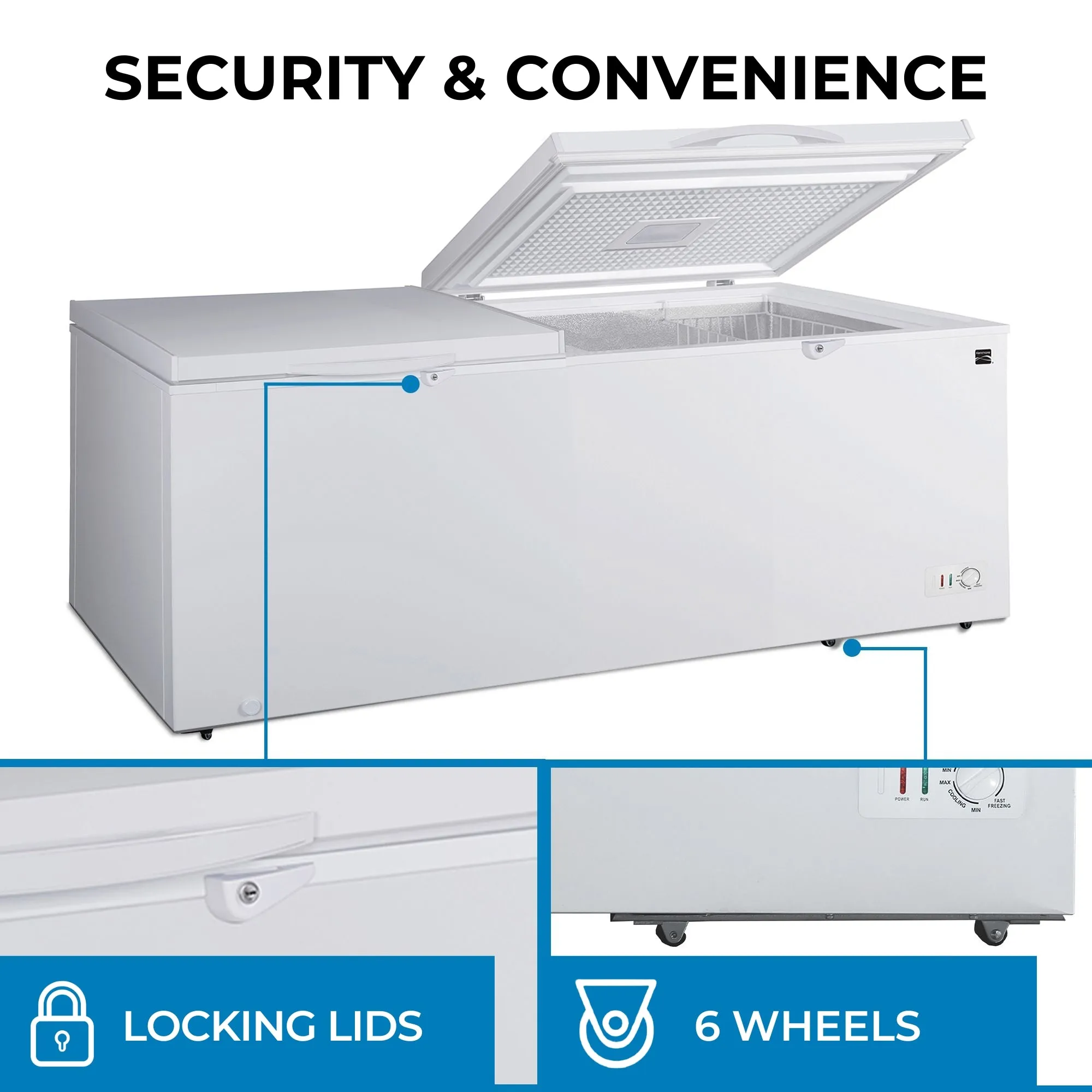 Kenmore 21 Cu. Ft. (600L) Convertible Chest Freezer/Refrigerator | Garage-Ready Deep Freeze | Dual Lids With Safety Locks | Manual Defrost | Easy-Rolling Wheels | White | Hunting Cabin Garage Cottage