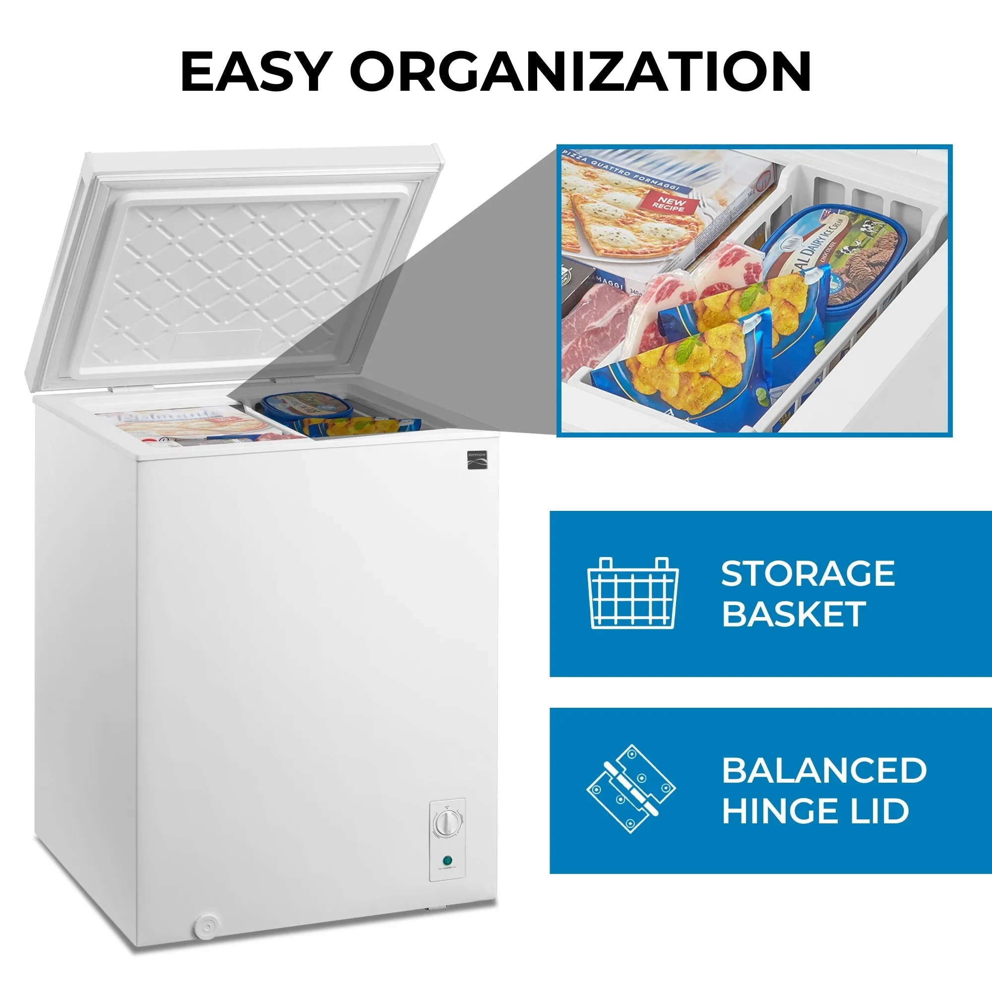 Kenmore 5 Cu. Ft. (143L) Convertible Chest Freezer/Refrigerator | Garage-Ready Manual Defrost | Balanced Hinge Stay-Open Lid | External Control Dial | White | For Basement Garage Shed Cottage