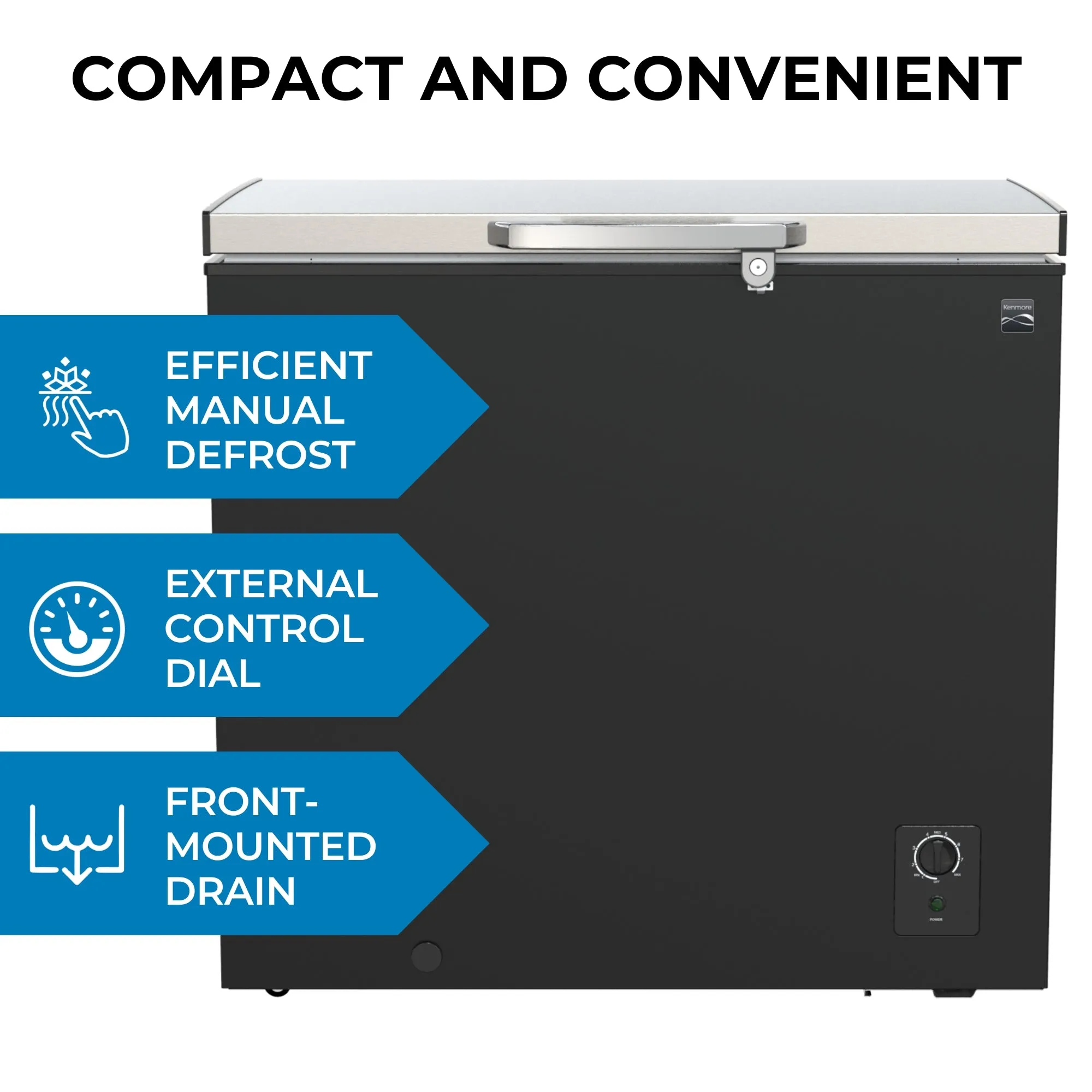 Kenmore 7 Cu. Ft. (198L) Locking Chest Freezer | Garage-Ready Deep Freeze | Manual Defrost | Black & Stainless Steel Look | Balanced Hinge Lid | External Thermostat Dial | Basement Garage Shed Cottage