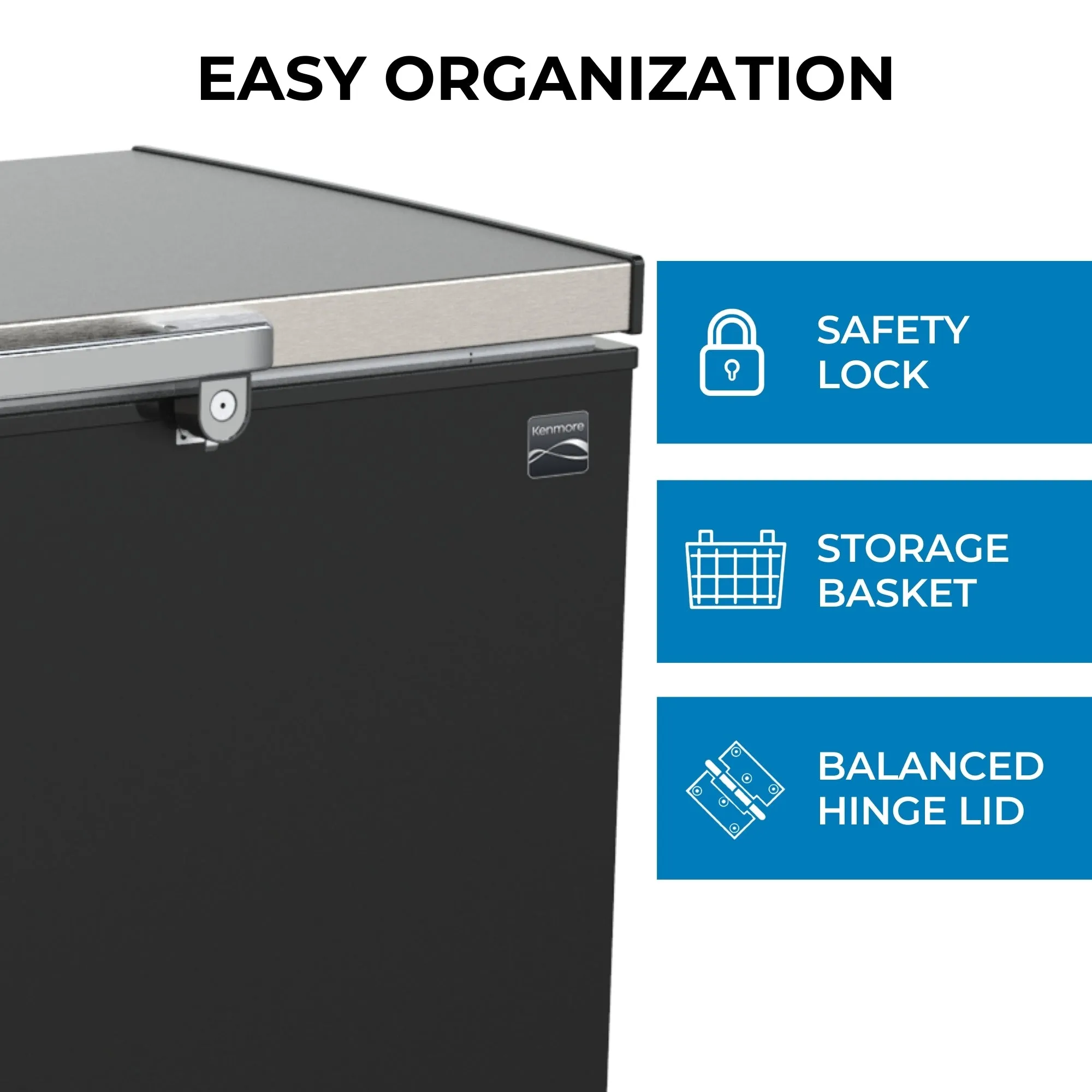 Kenmore 7 Cu. Ft. (198L) Locking Chest Freezer | Garage-Ready Deep Freeze | Manual Defrost | Black & Stainless Steel Look | Balanced Hinge Lid | External Thermostat Dial | Basement Garage Shed Cottage