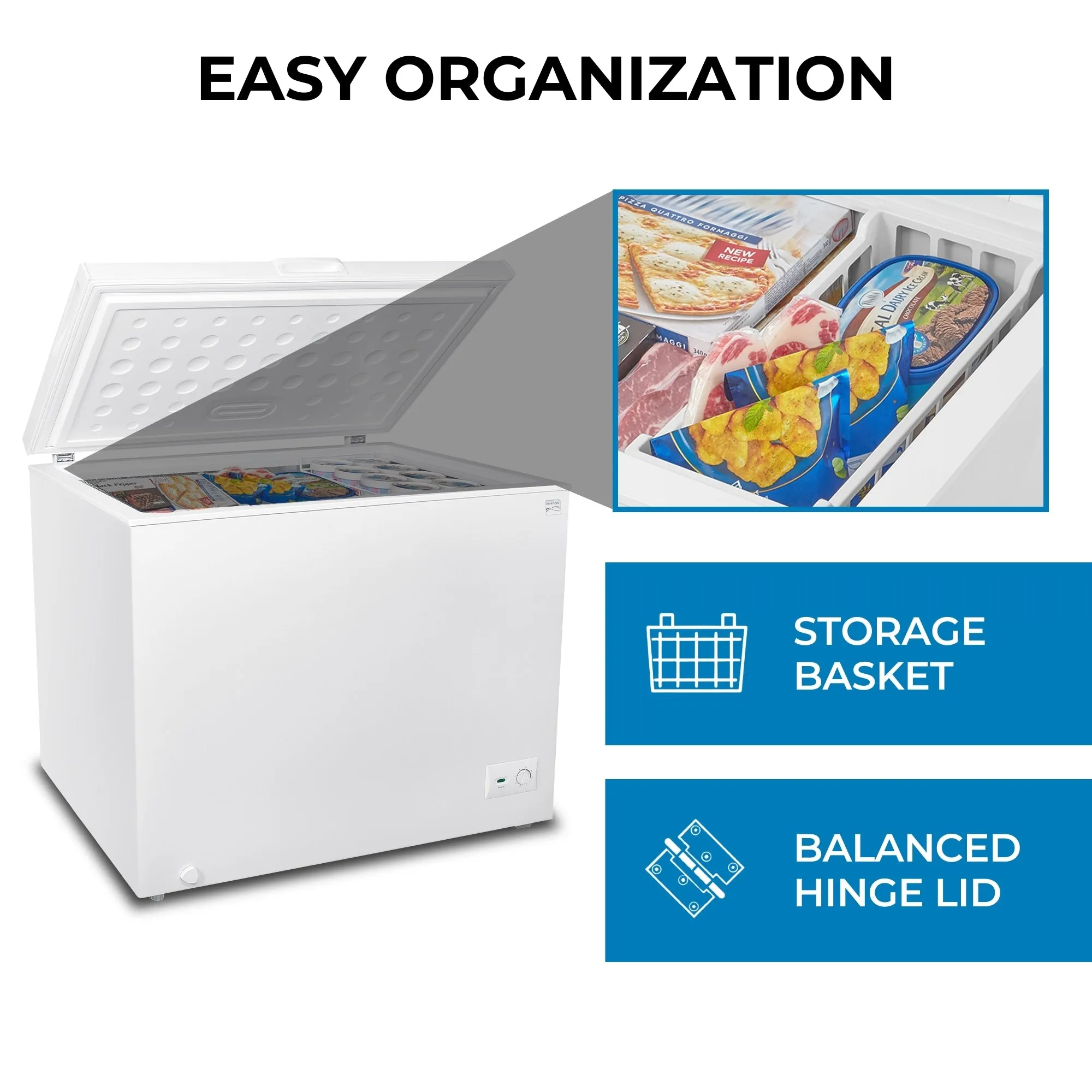 Kenmore 8.7 Cu. Ft. (246L) Garage-Ready Chest Freezer | Manual Defrost Deep Freeze | Balanced Hinge Stay-Open Lid | Storage Basket | External Thermostat Dial | White | Basement Garage Shed Cottage