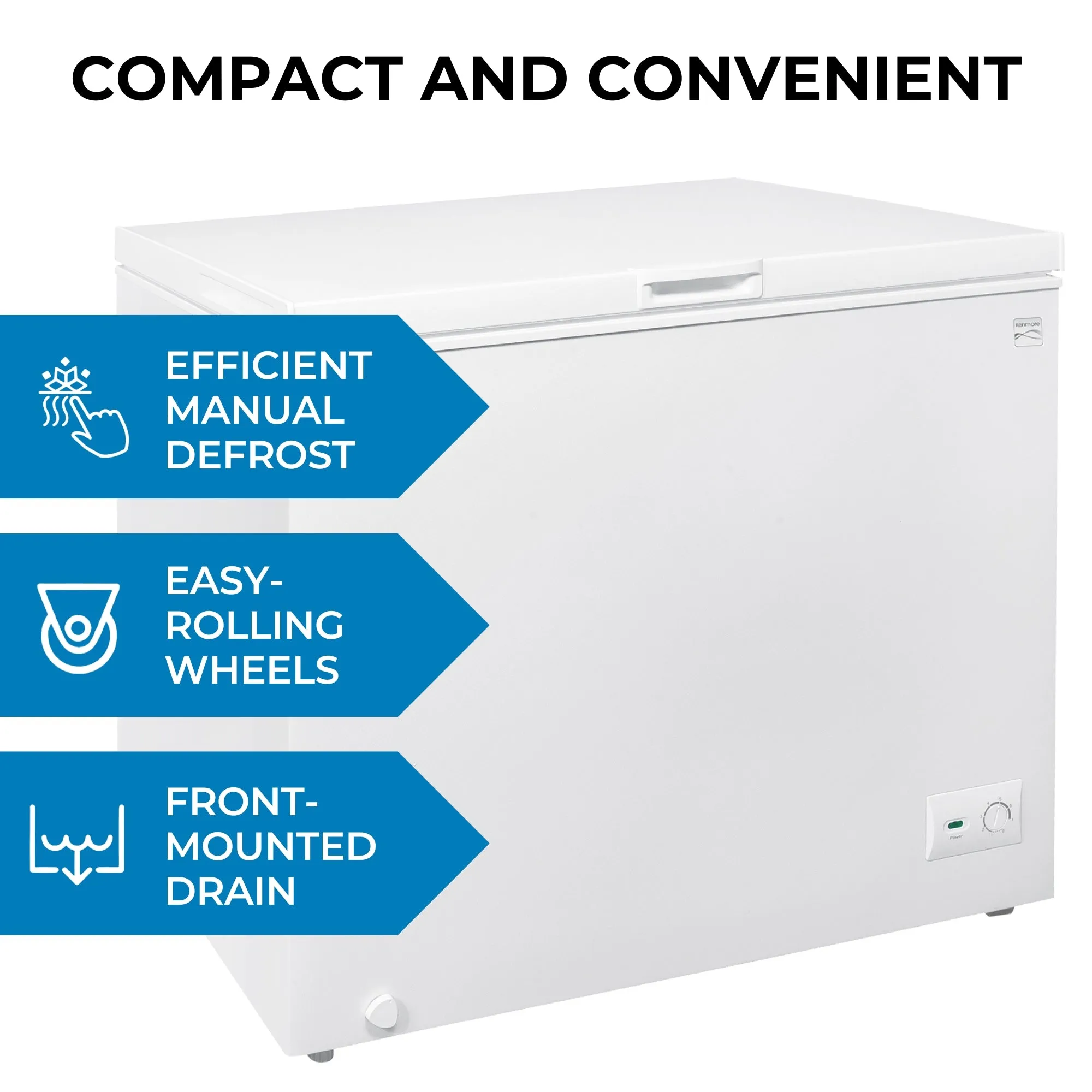 Kenmore 8.7 Cu. Ft. (246L) Garage-Ready Chest Freezer | Manual Defrost Deep Freeze | Balanced Hinge Stay-Open Lid | Storage Basket | External Thermostat Dial | White | Basement Garage Shed Cottage