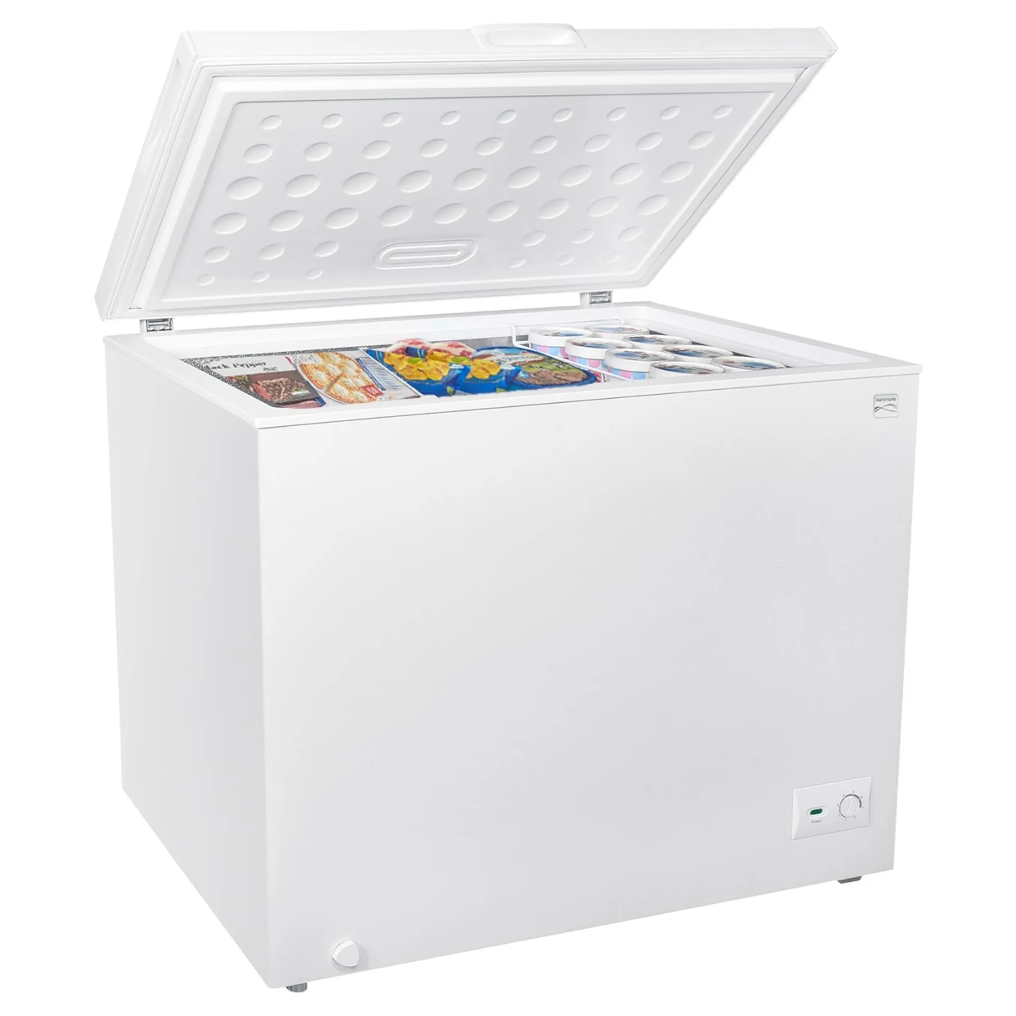 Kenmore 8.7 Cu. Ft. (246L) Garage-Ready Chest Freezer | Manual Defrost Deep Freeze | Balanced Hinge Stay-Open Lid | Storage Basket | External Thermostat Dial | White | Basement Garage Shed Cottage