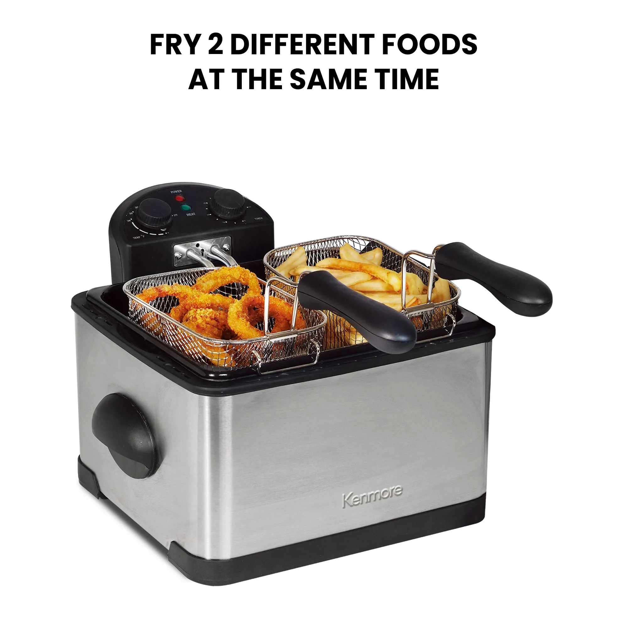 Kenmore Deep Fryer & 3 Frying Baskets 1700W | 4L (17 Cup) | Lid With View Window | Grease & Odor Filters | Professional Style Electric Oil Fryer | Adjustable Temperature & Timer | Stainless Steel