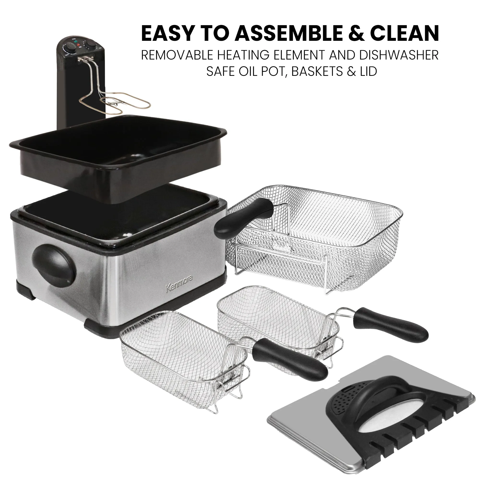 Kenmore Deep Fryer & 3 Frying Baskets 1700W | 4L (17 Cup) | Lid With View Window | Grease & Odor Filters | Professional Style Electric Oil Fryer | Adjustable Temperature & Timer | Stainless Steel