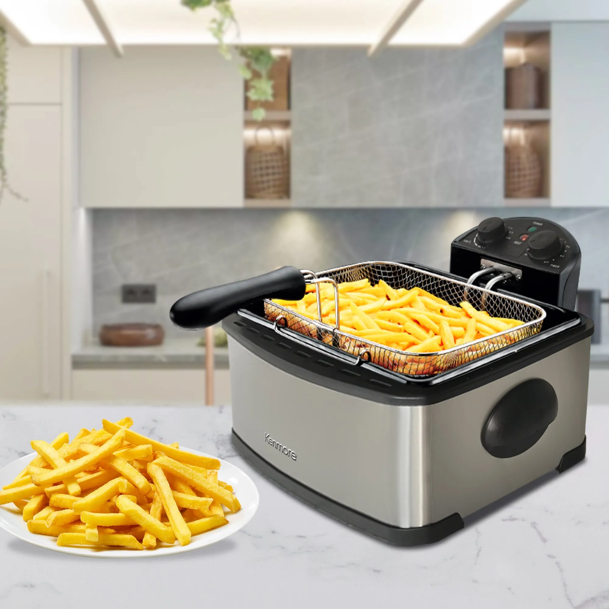 Kenmore Deep Fryer & 3 Frying Baskets 1700W | 4L (17 Cup) | Lid With View Window | Grease & Odor Filters | Professional Style Electric Oil Fryer | Adjustable Temperature & Timer | Stainless Steel